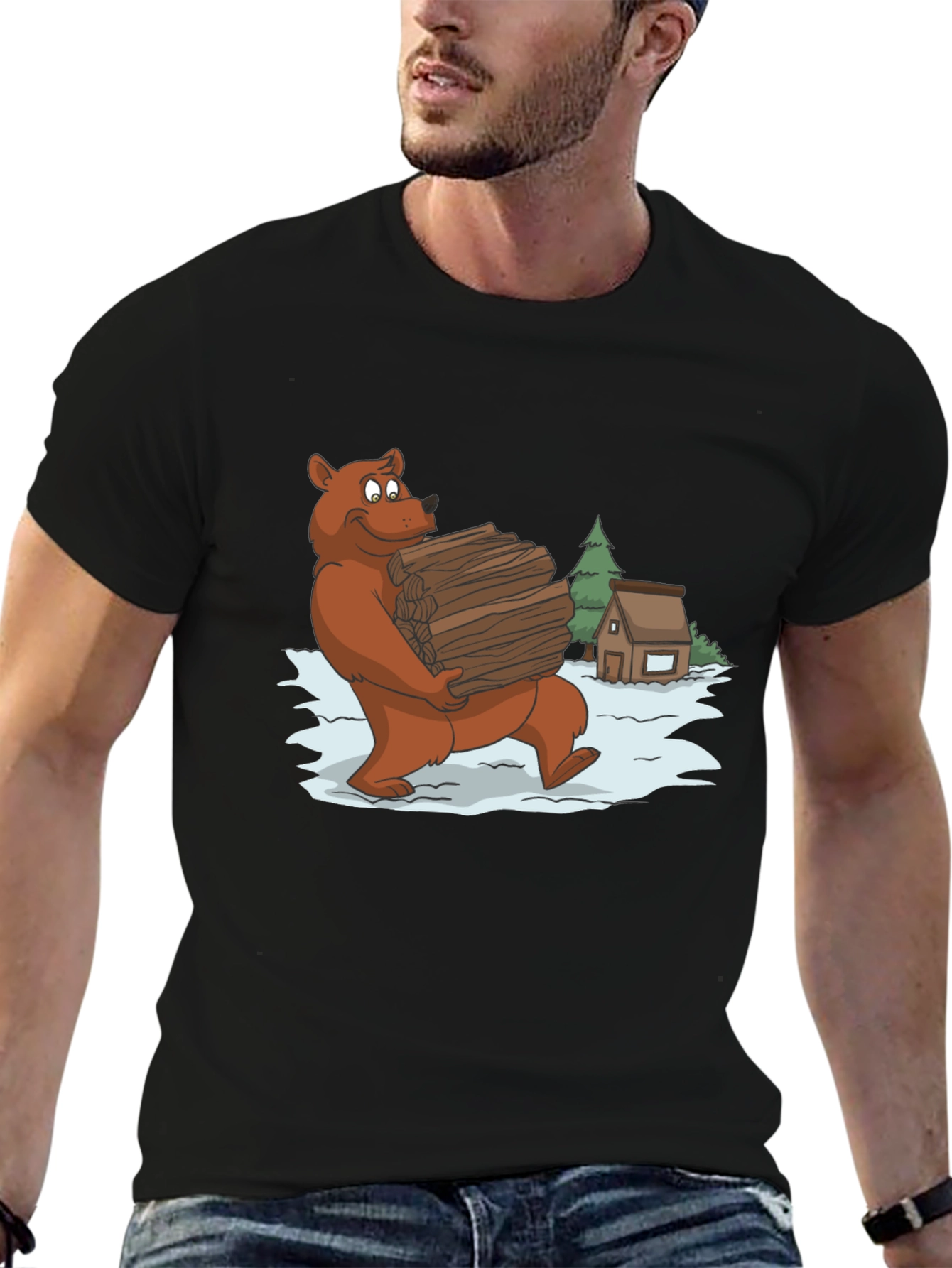 Bear Carrying Wood Graphic Tee - Black