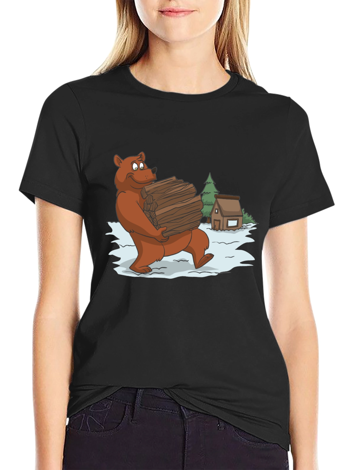 Bear Carrying Wood Graphic Tee - Black