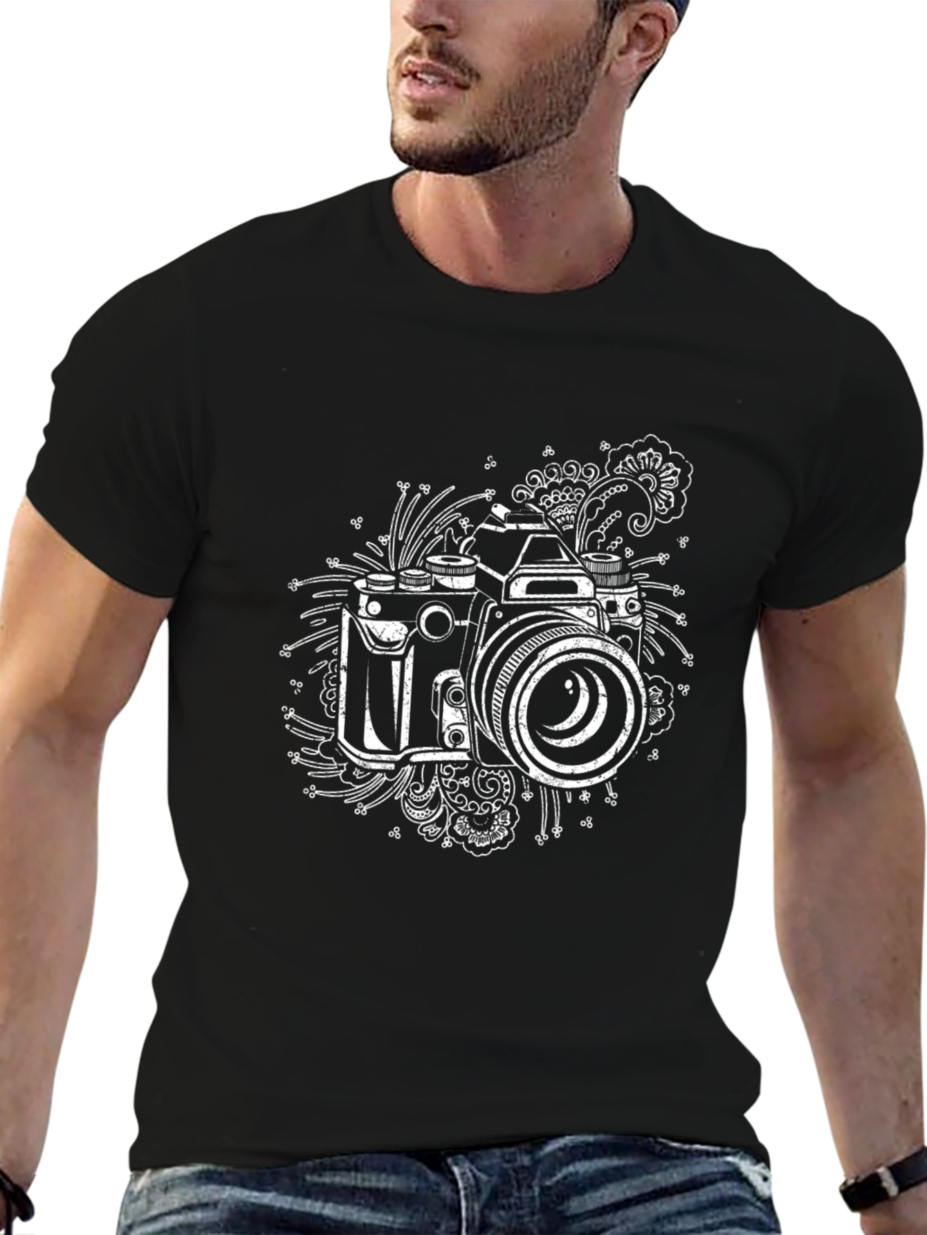 Retro Camera Graphic Print Black T-Shirt
