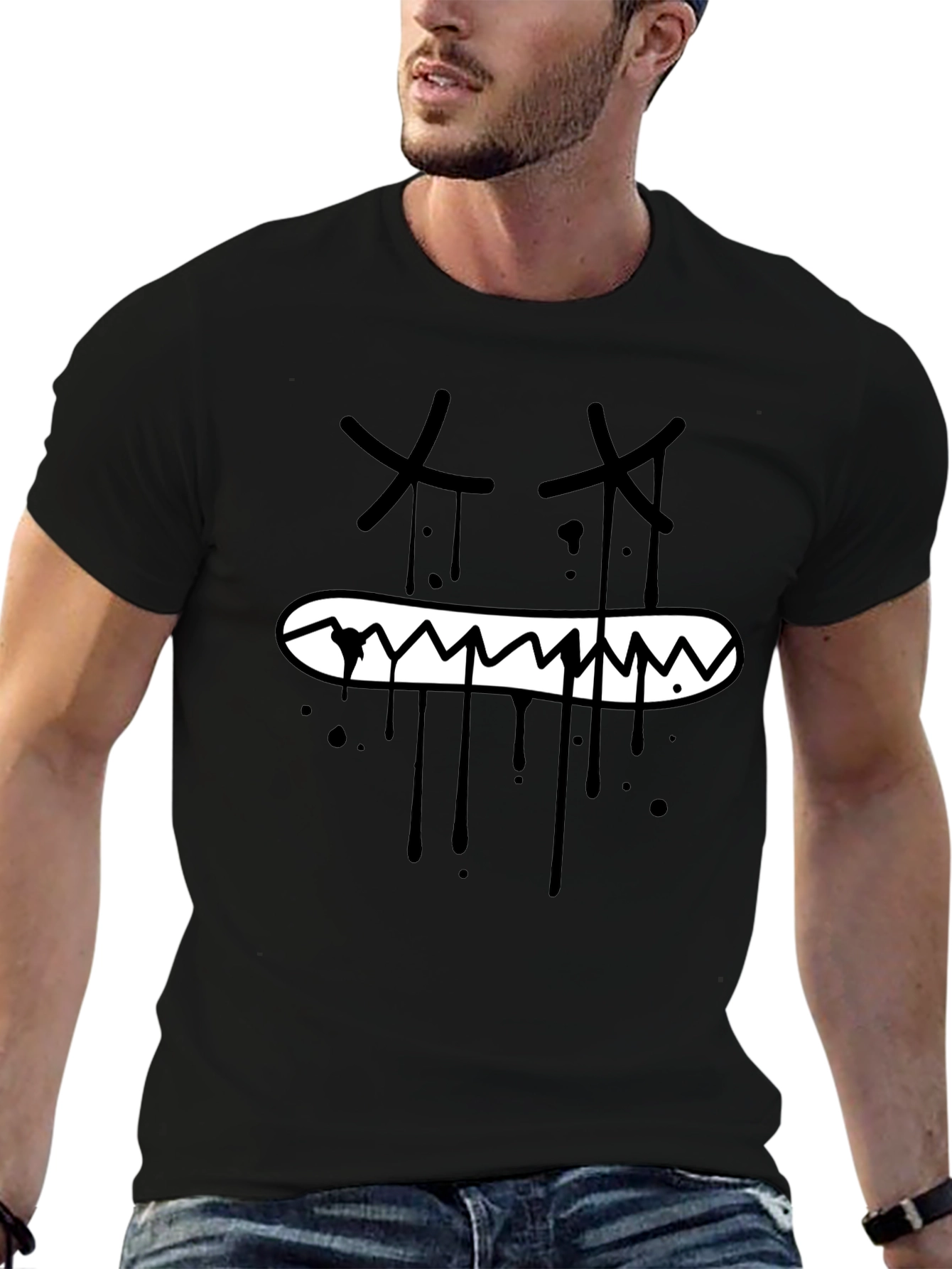 Mens Black Graphic Tee - Edgy Cartoon Face