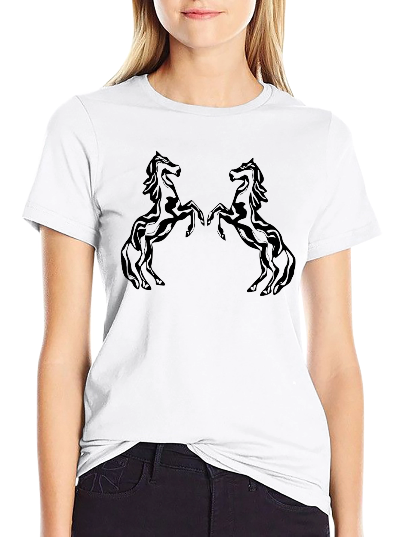 Black T-Shirt with Two Horse Design