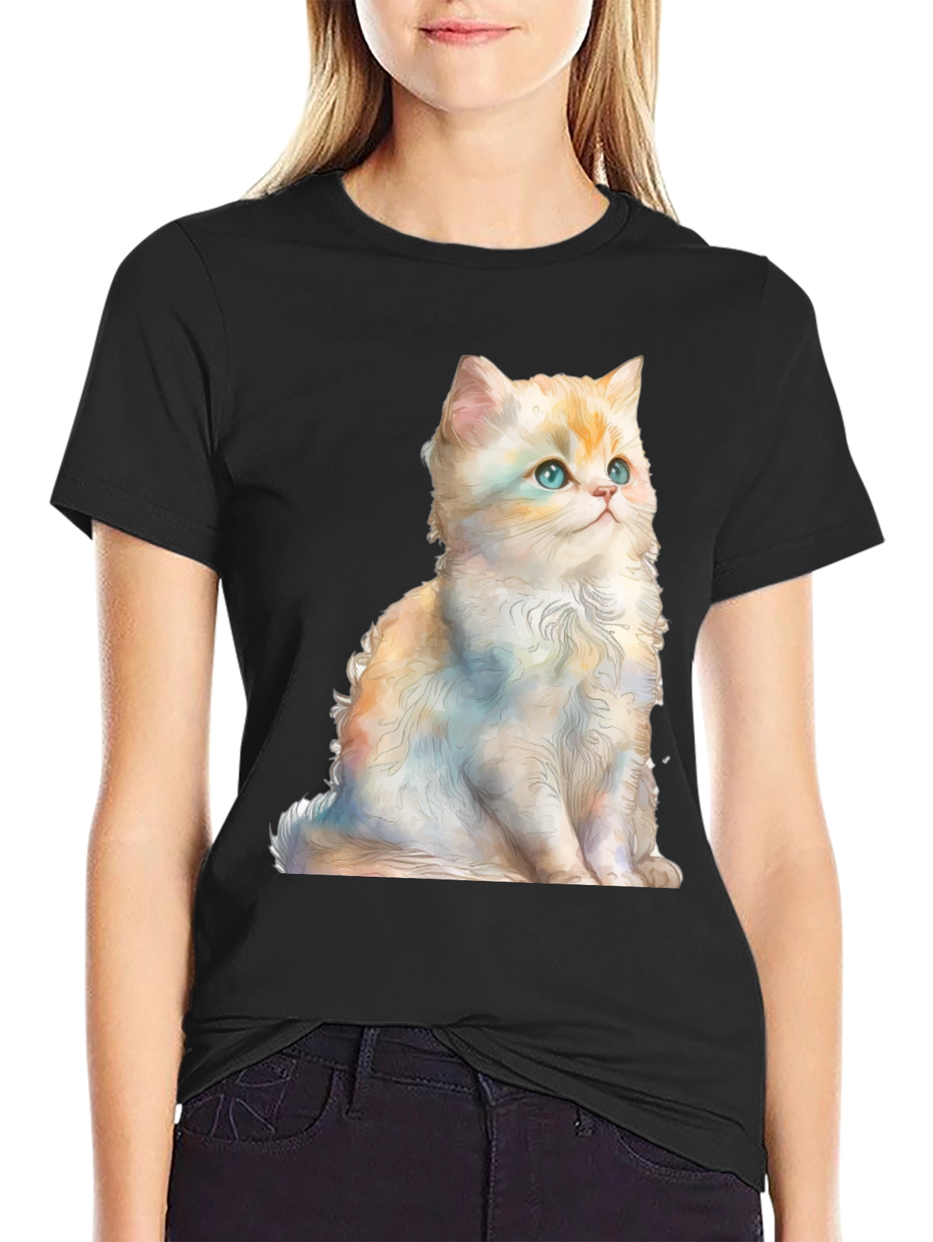 Cute Kitten Graphic Tee - Soft Black Cotton Shirt