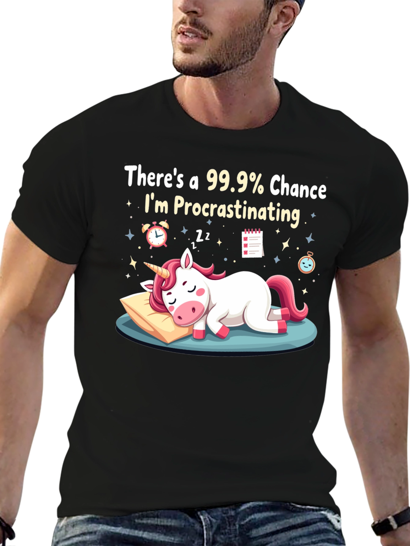 Procrastinating Unicorn Graphic T-Shirt - Black
