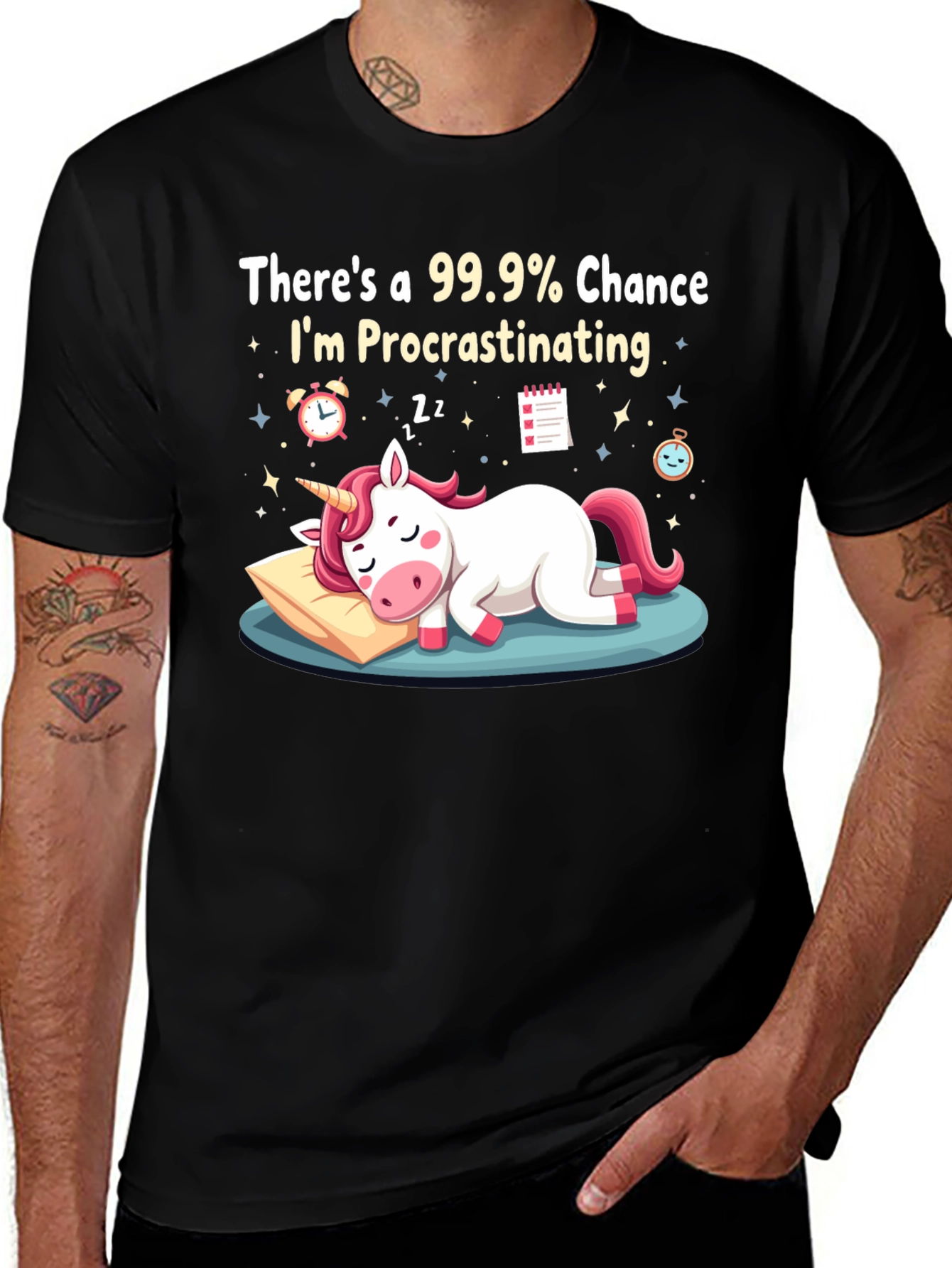Procrastinating Unicorn Graphic T-Shirt - Black