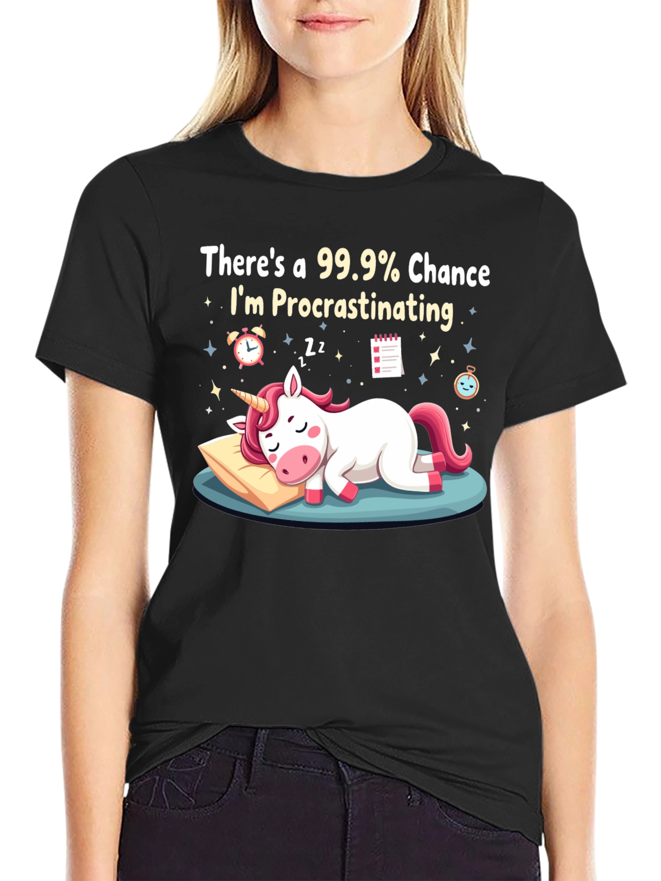 Procrastinating Unicorn Graphic T-Shirt - Black