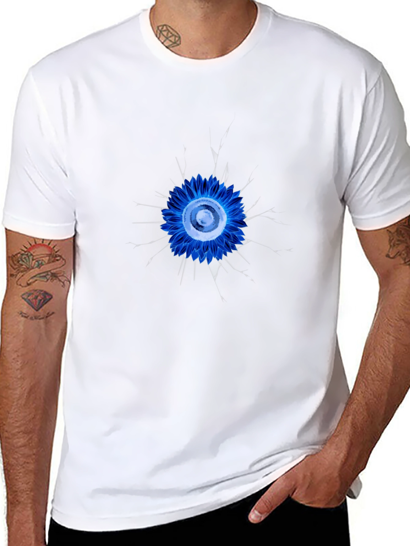 Abstract Blue Flower Graphic Black T-Shirt