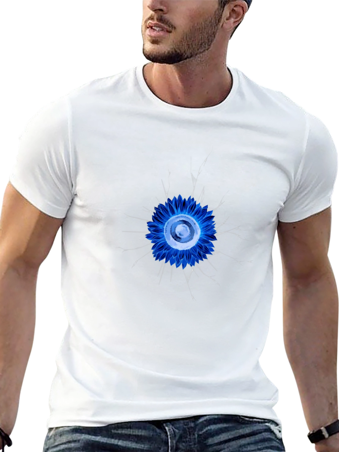Abstract Blue Flower Graphic Black T-Shirt