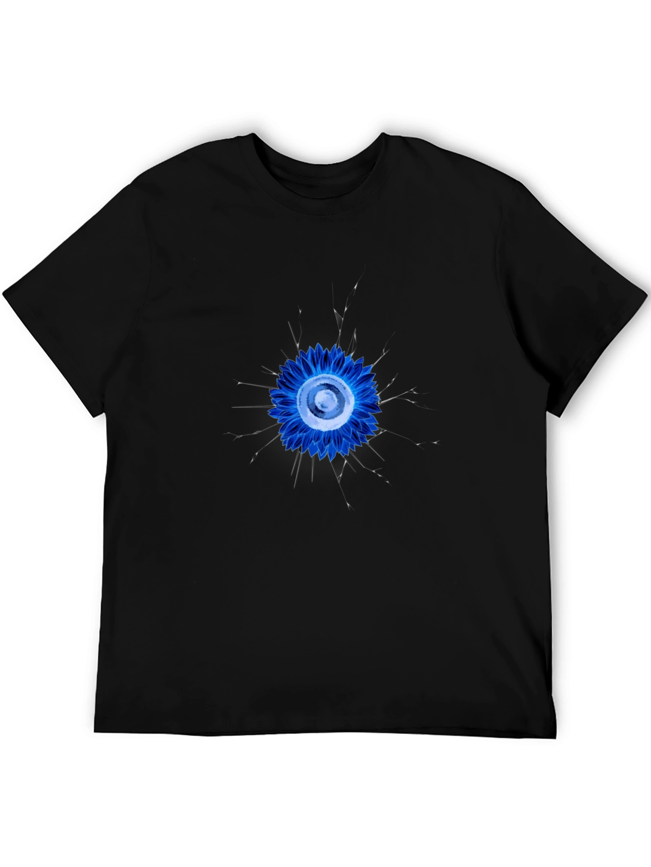 Abstract Blue Flower Graphic Black T-Shirt