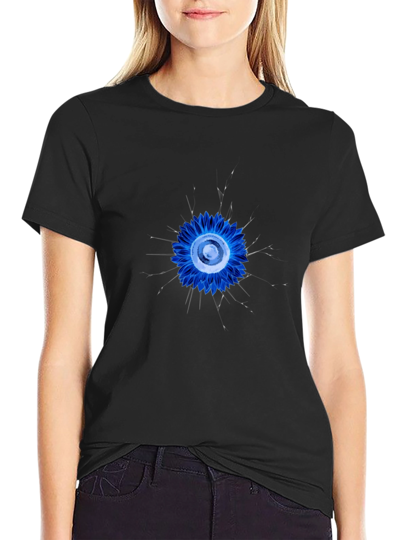 Abstract Blue Flower Graphic Black T-Shirt