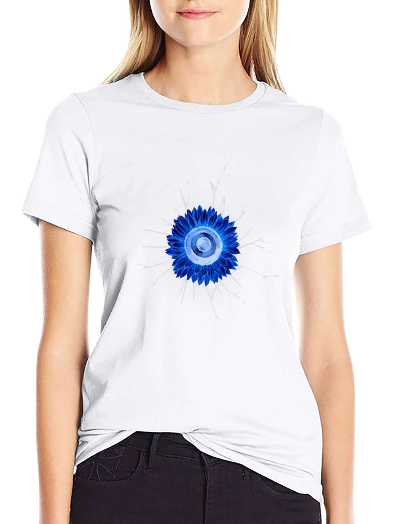 Abstract Blue Flower Graphic Black T-Shirt