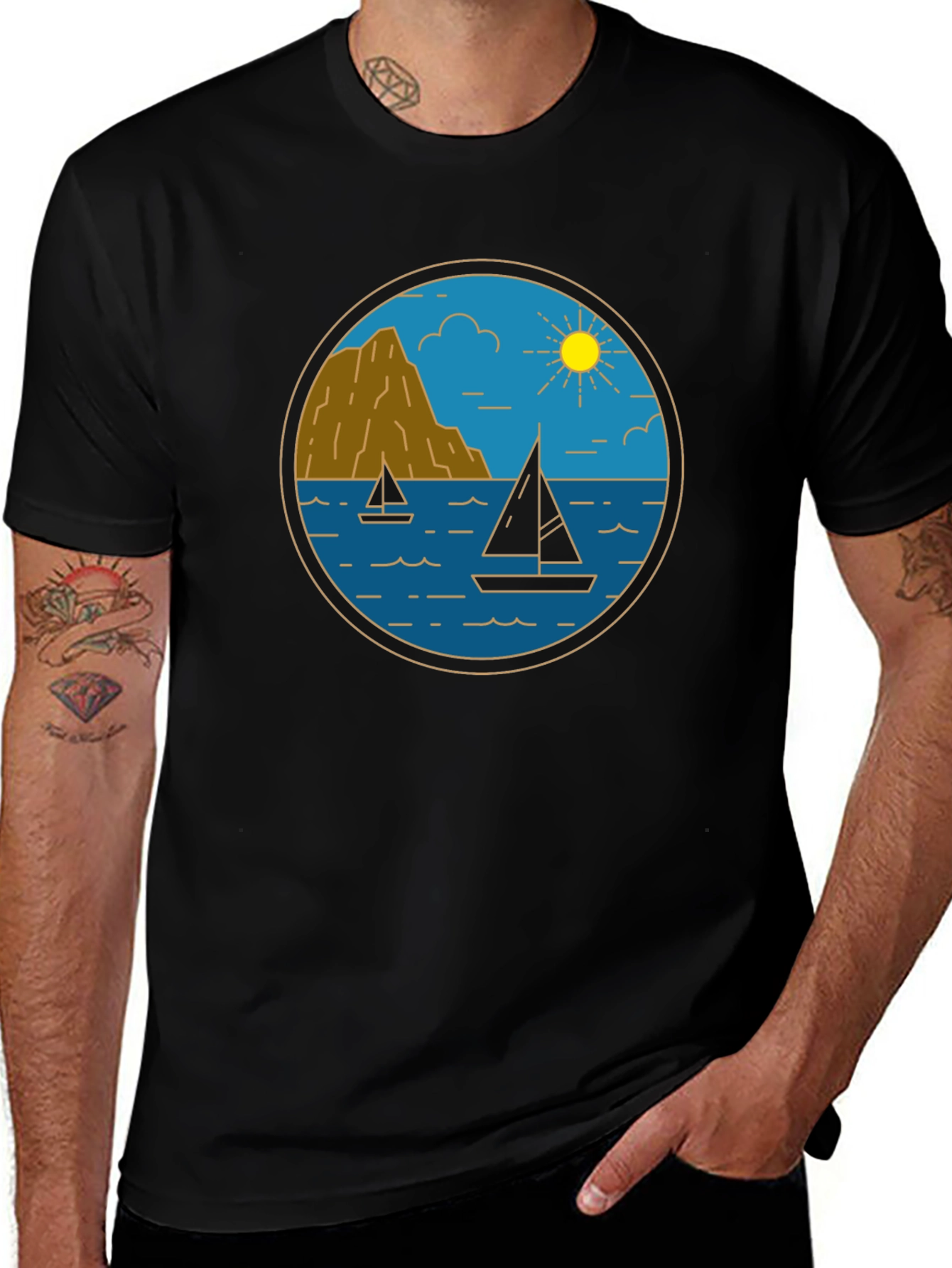 Nautical Sailboat Graphic Tee - Black Cotton T-Shirt