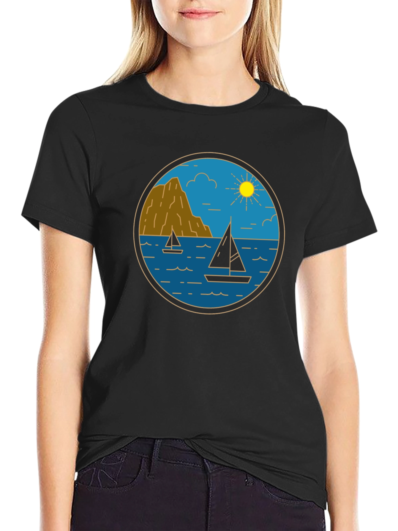 Nautical Sailboat Graphic Tee - Black Cotton T-Shirt