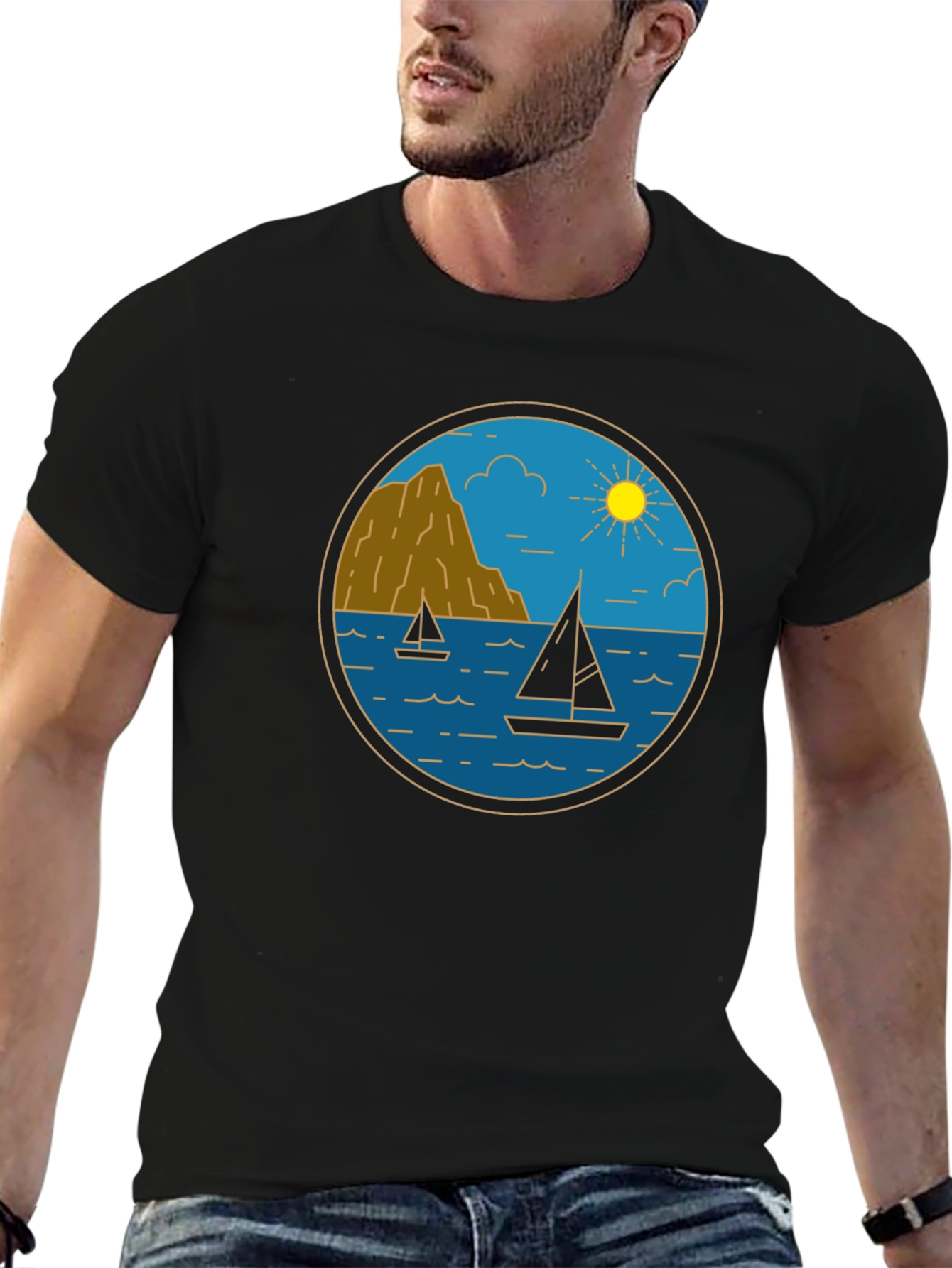 Nautical Sailboat Graphic Tee - Black Cotton T-Shirt