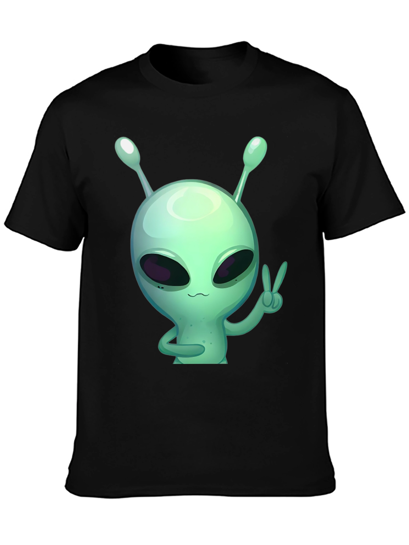 Alien Peace Sign Graphic Tee - Black Cotton T-Shirt