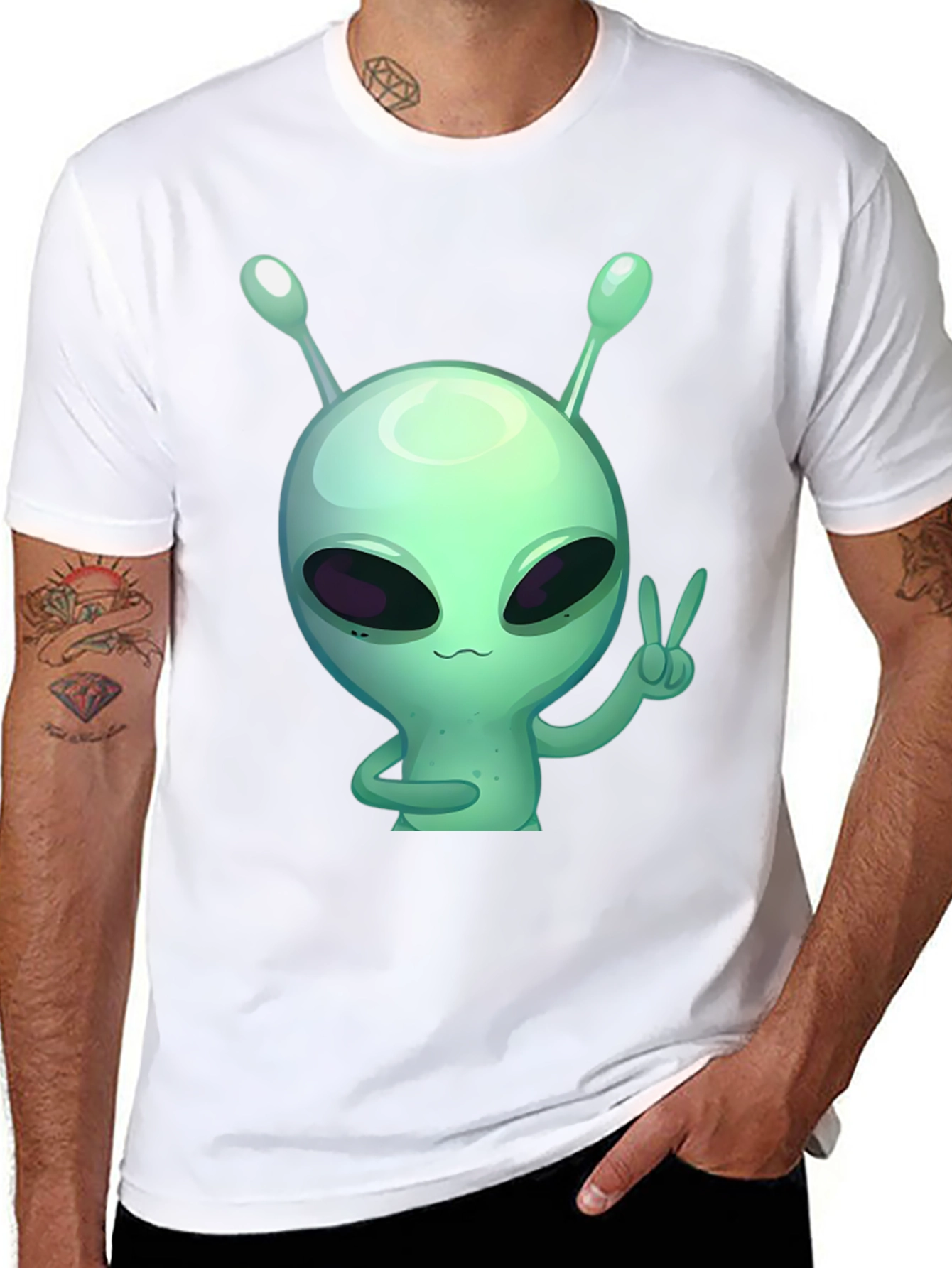 Alien Peace Sign Graphic Tee - Black Cotton T-Shirt