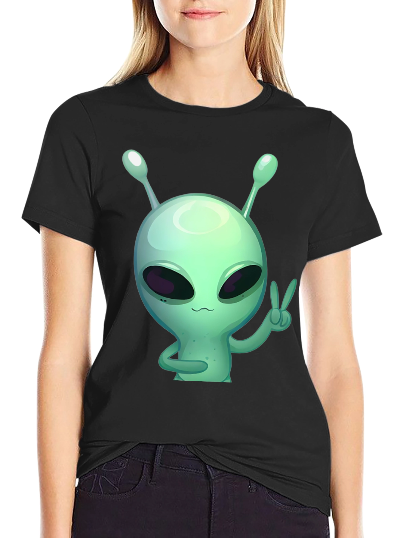 Alien Peace Sign Graphic Tee - Black Cotton T-Shirt