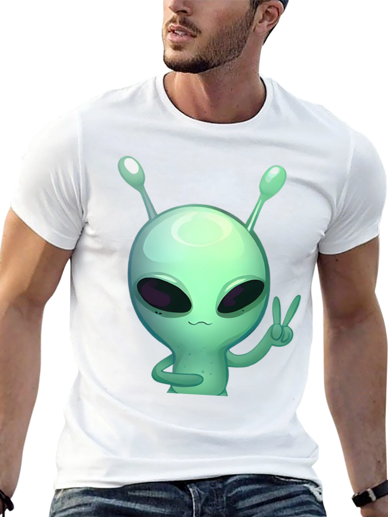 Alien Peace Sign Graphic Tee - Black Cotton T-Shirt