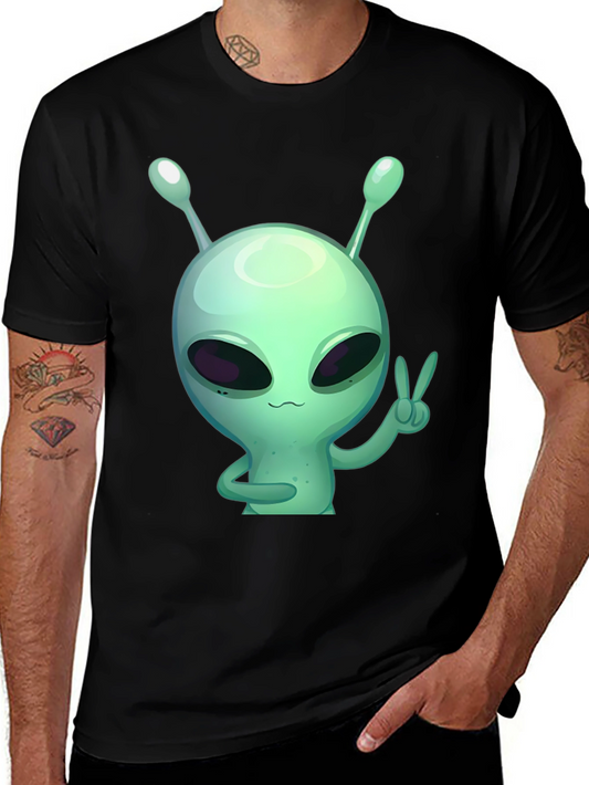 Alien Peace Sign Graphic Tee - Black Cotton T-Shirt