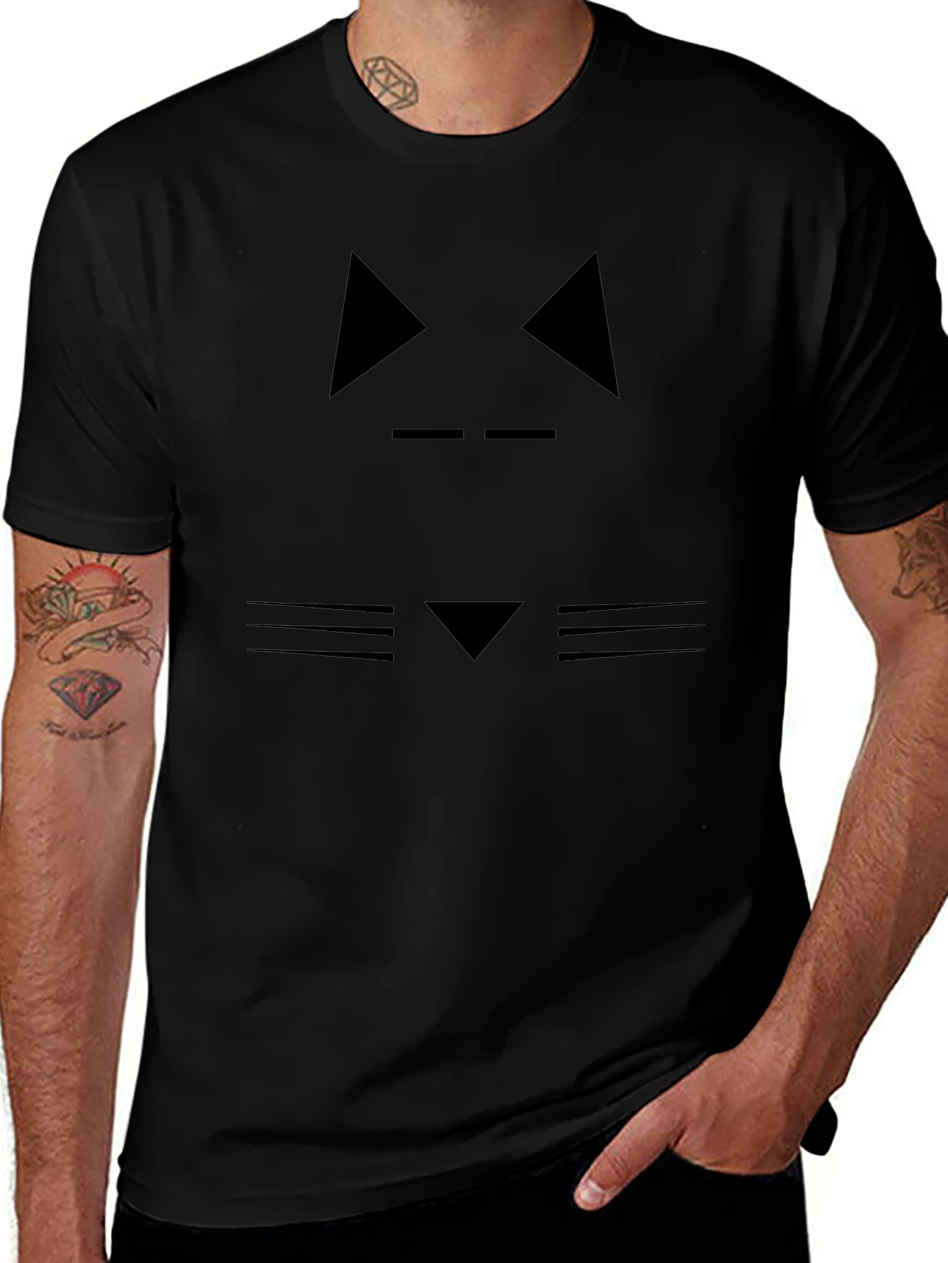 Abstract Cat Face Graphic Black T-Shirt