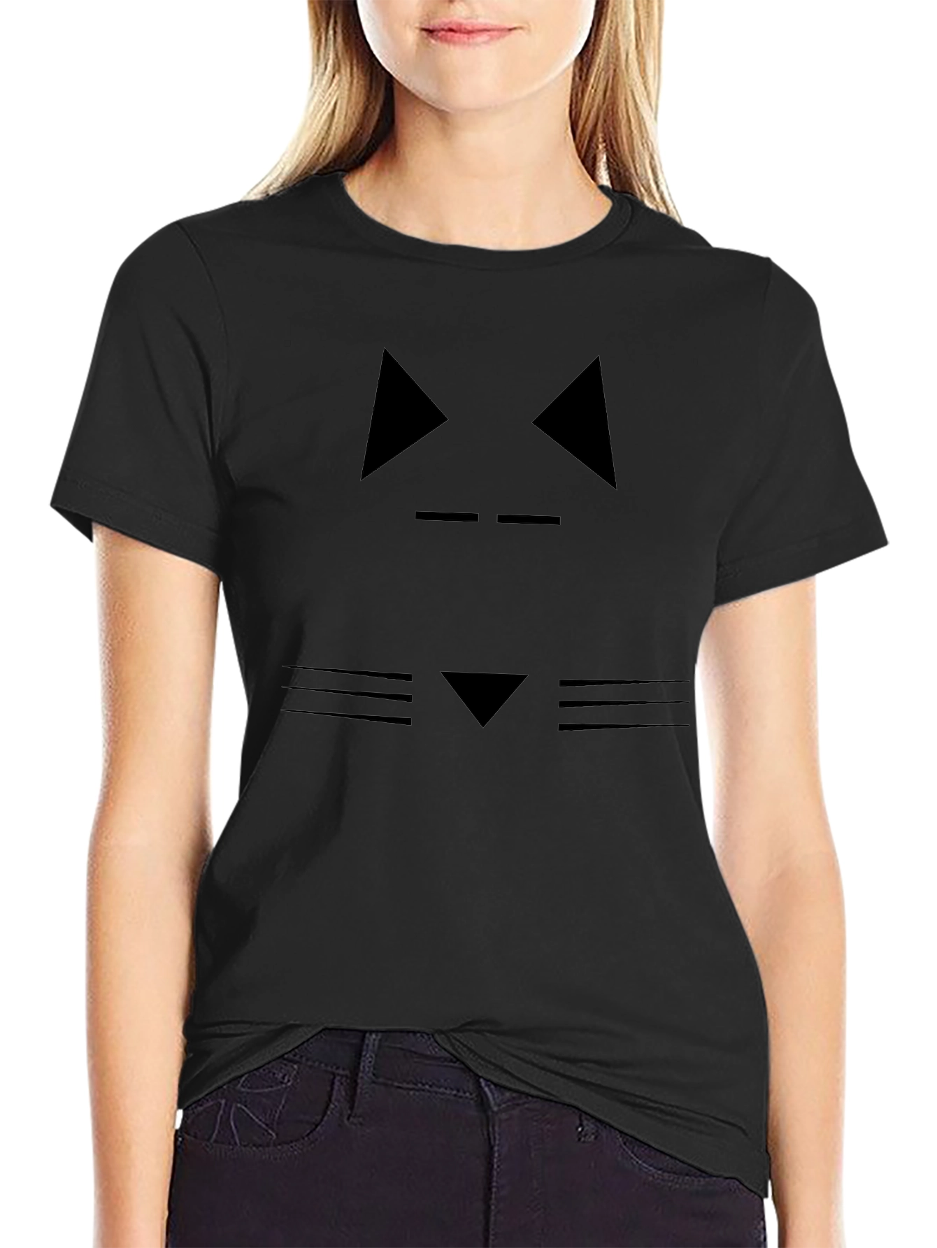 Abstract Cat Face Graphic Black T-Shirt