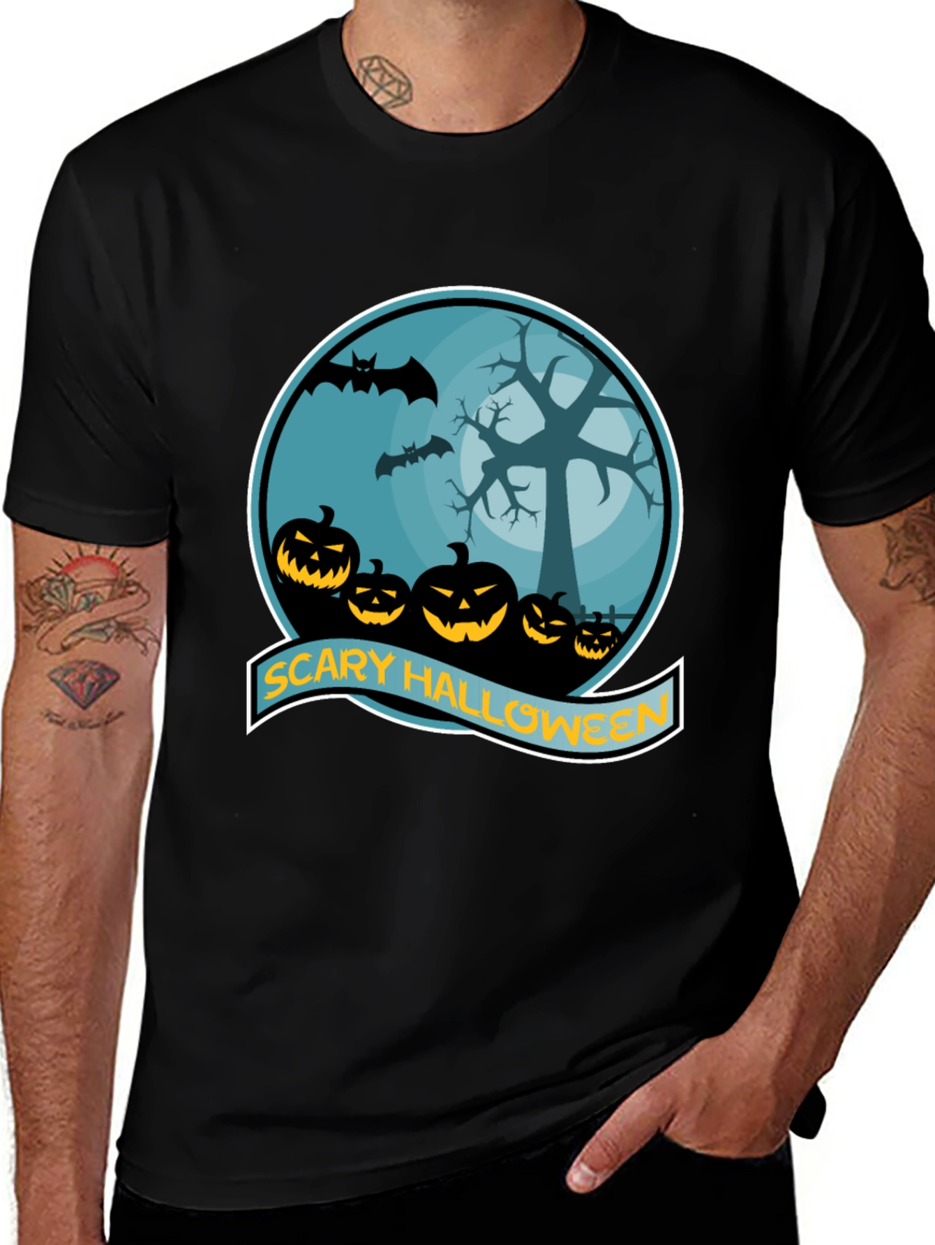 Scary Halloween T-Shirt - Pumpkin Bats Tree