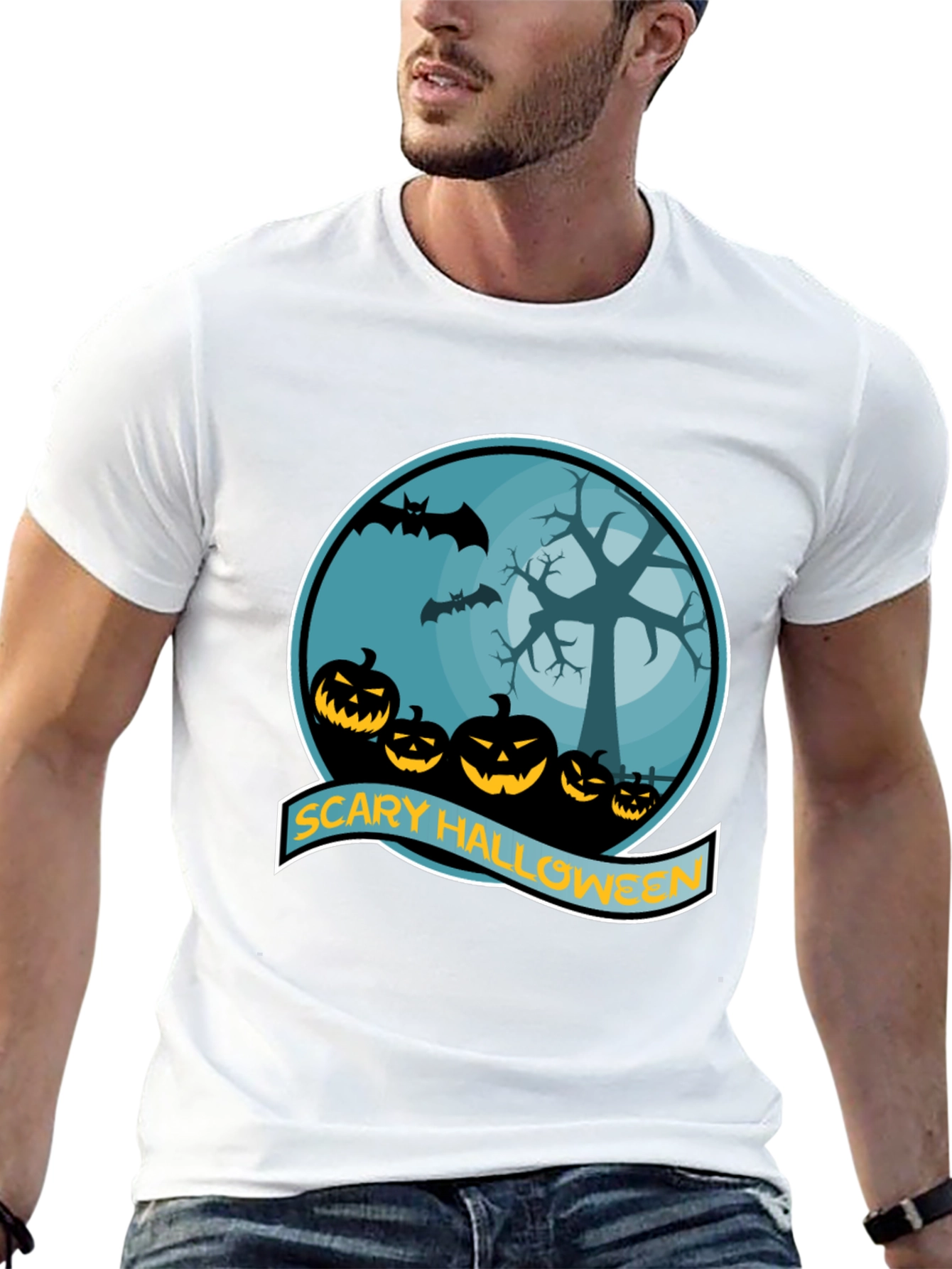 Scary Halloween T-Shirt - Pumpkin Bats Tree