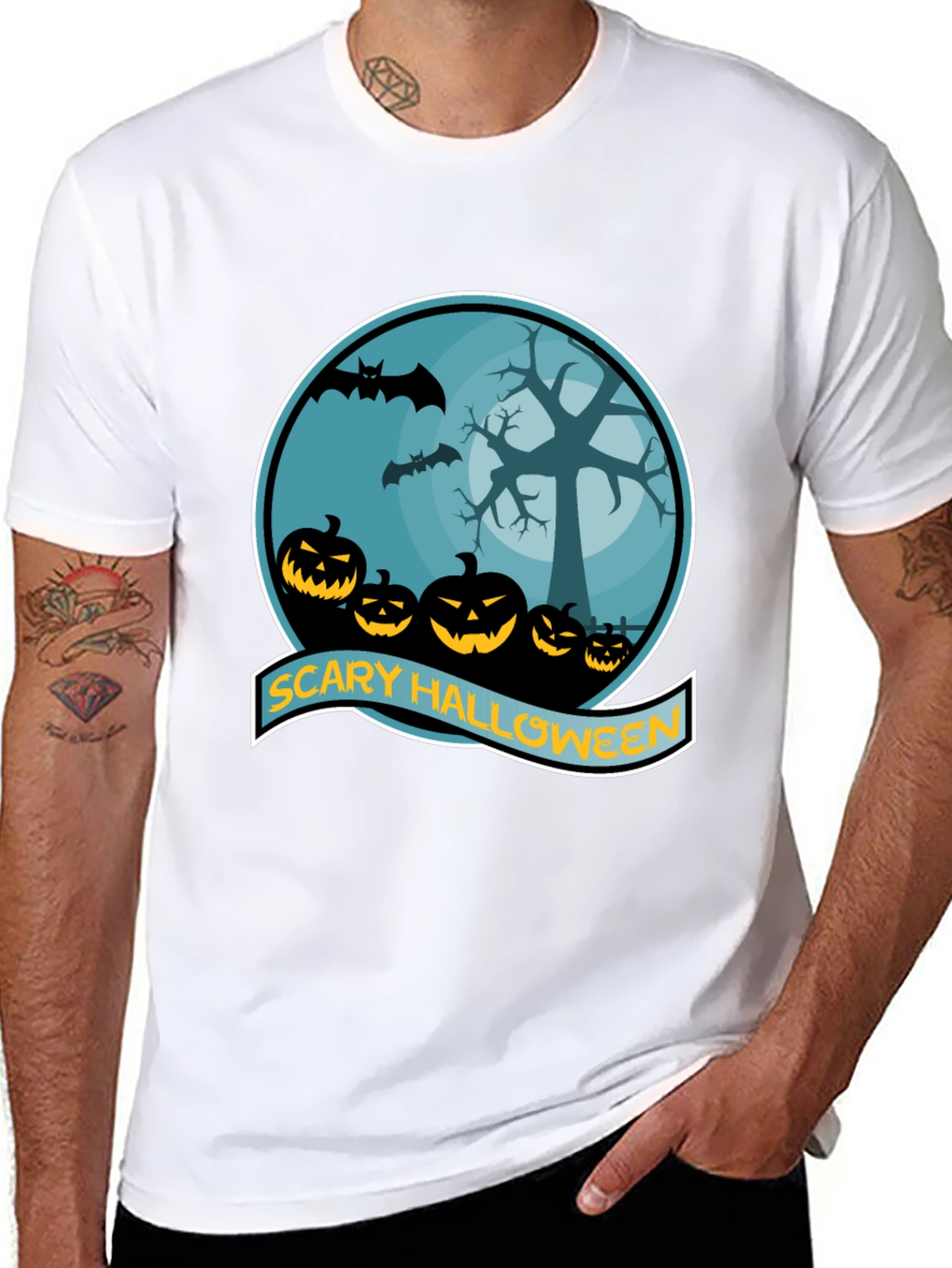 Scary Halloween T-Shirt - Pumpkin Bats Tree