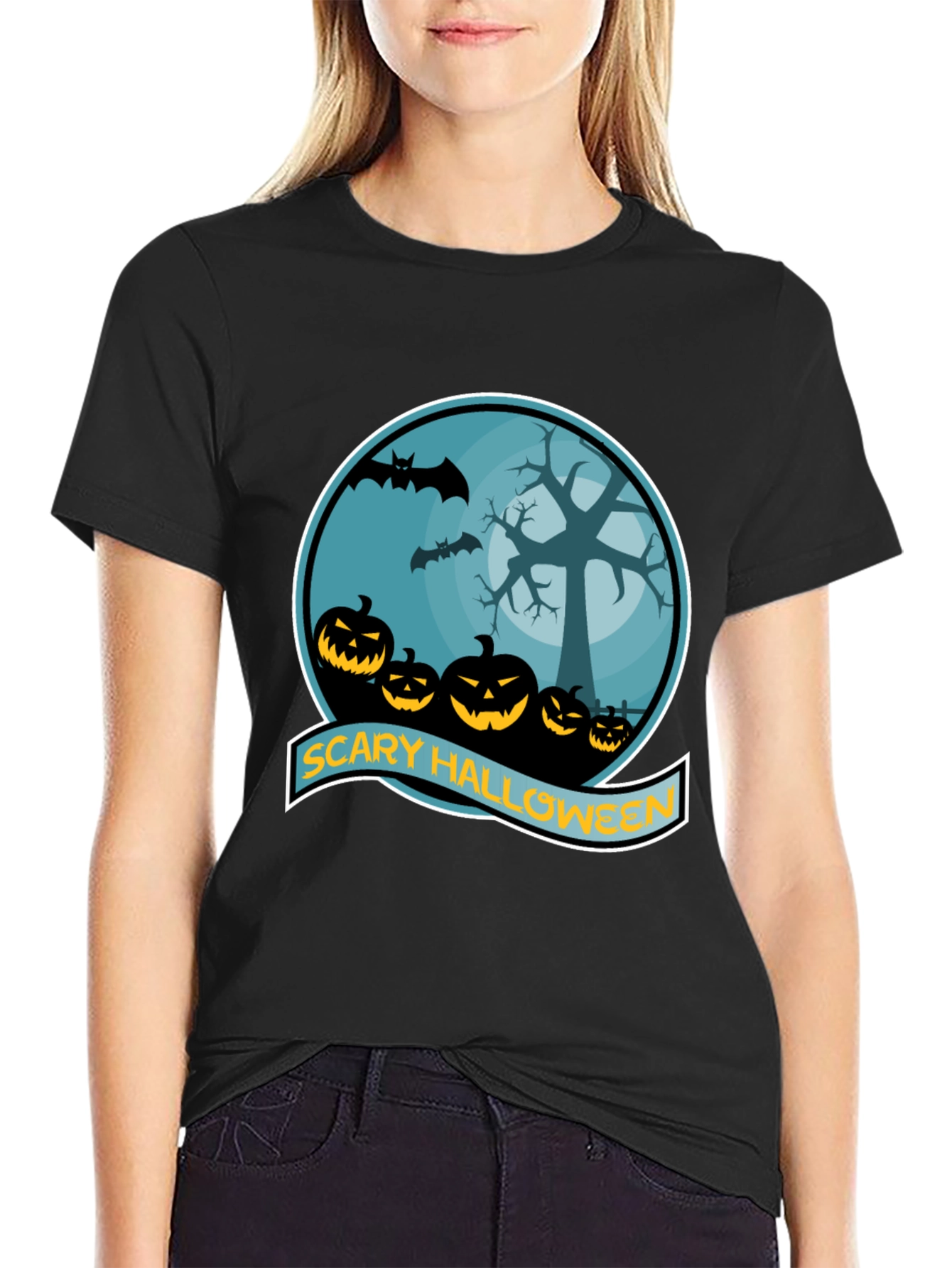 Scary Halloween T-Shirt - Pumpkin Bats Tree