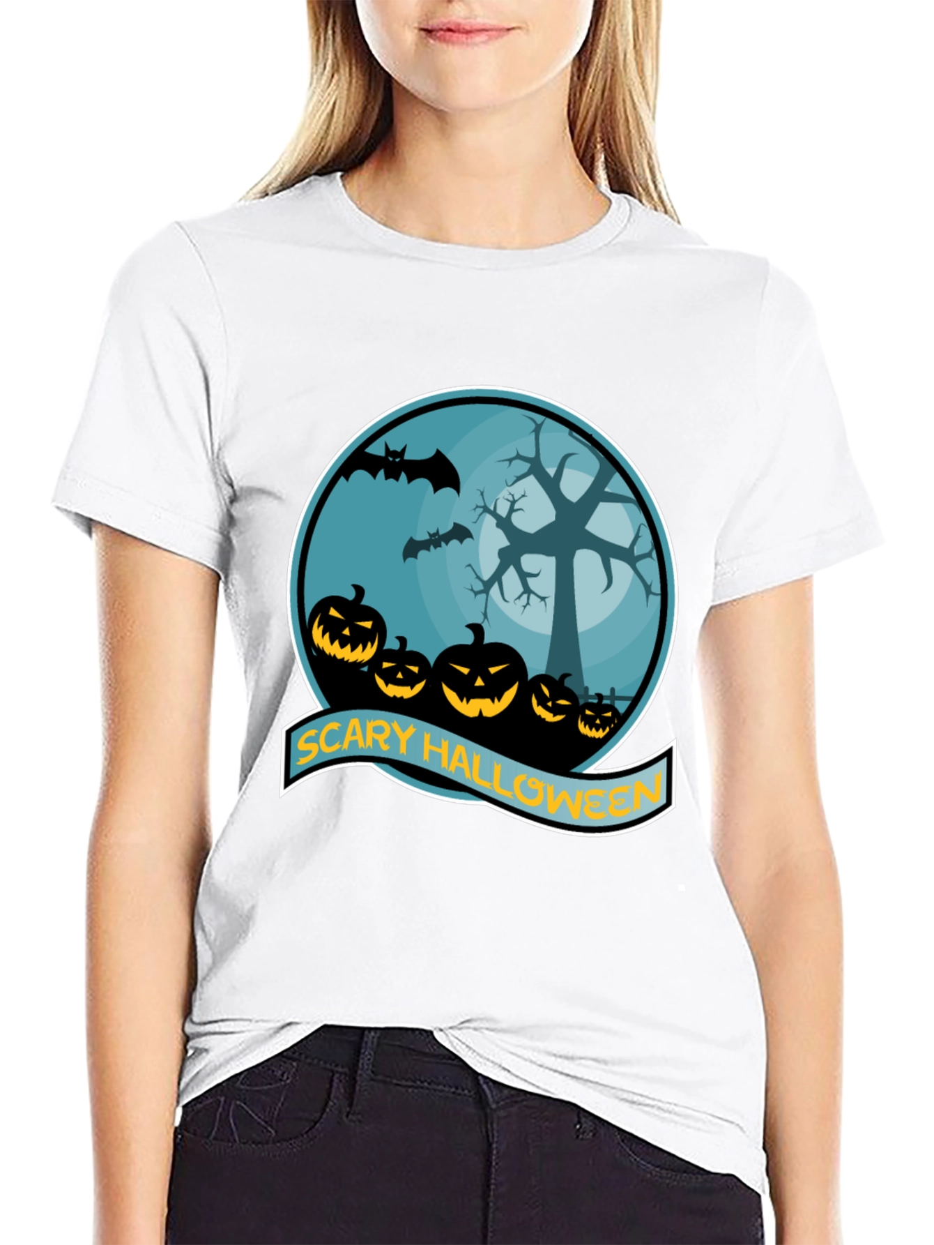 Scary Halloween T-Shirt - Pumpkin Bats Tree