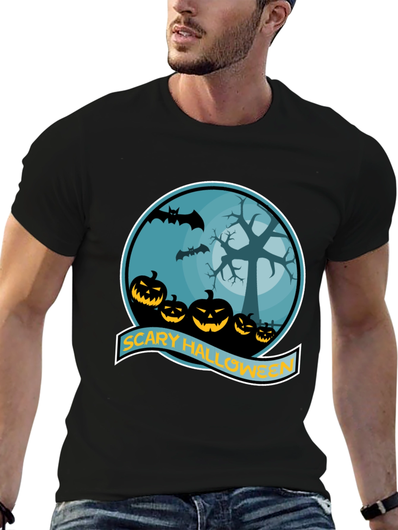 Scary Halloween T-Shirt - Pumpkin Bats Tree