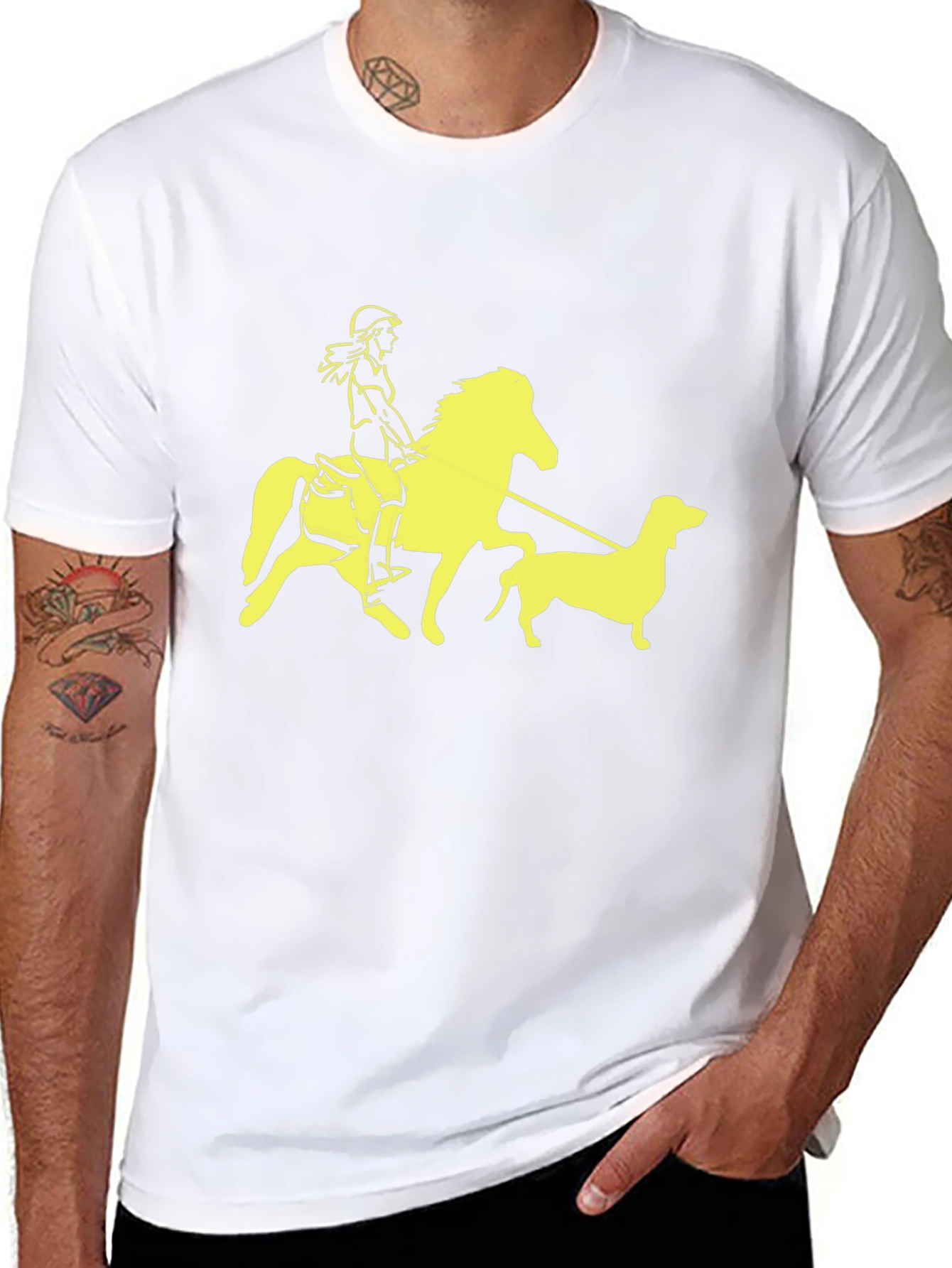Black T-Shirt with Horse Rider and Dog Graphic
