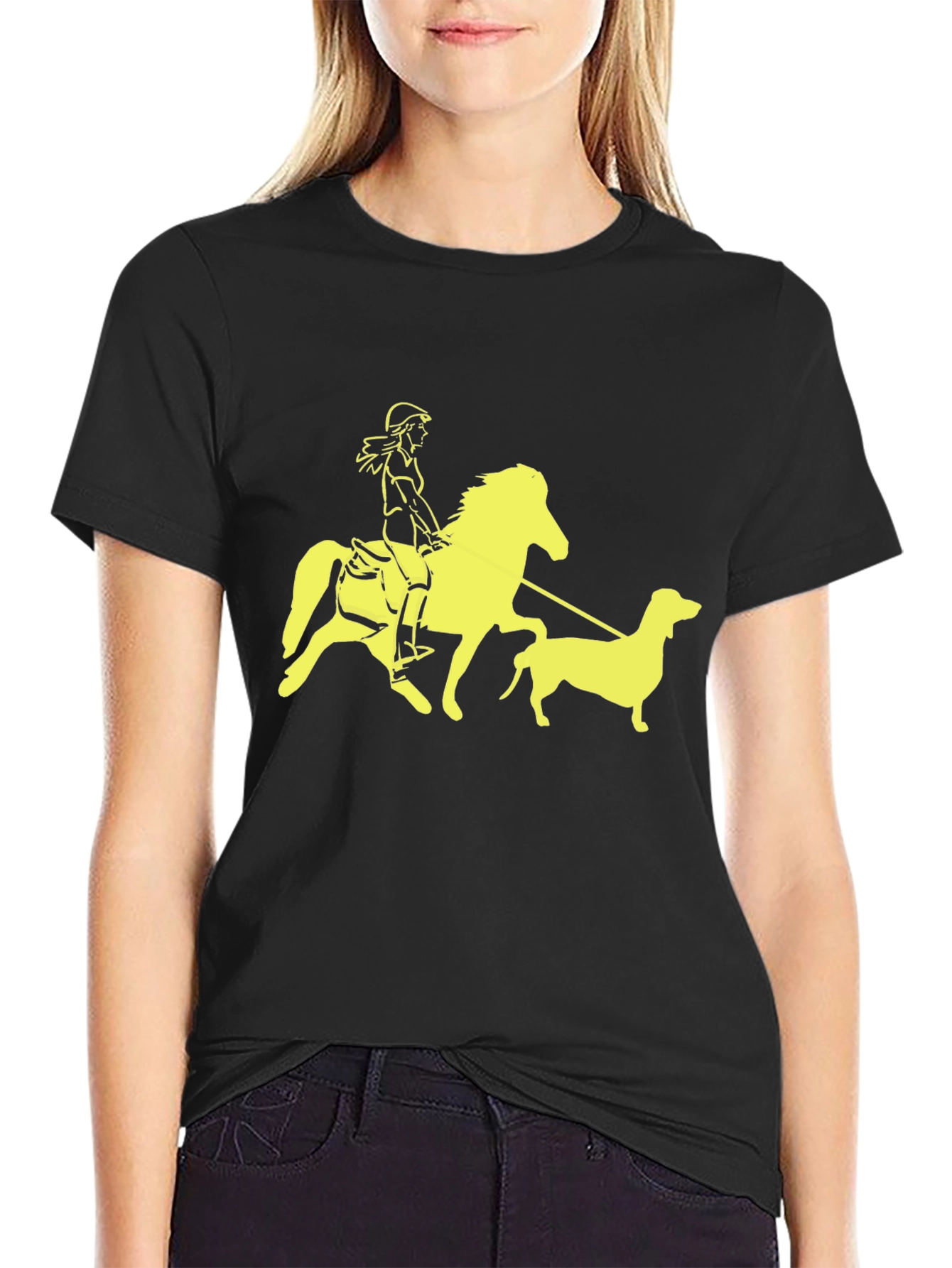 Black T-Shirt with Horse Rider and Dog Graphic