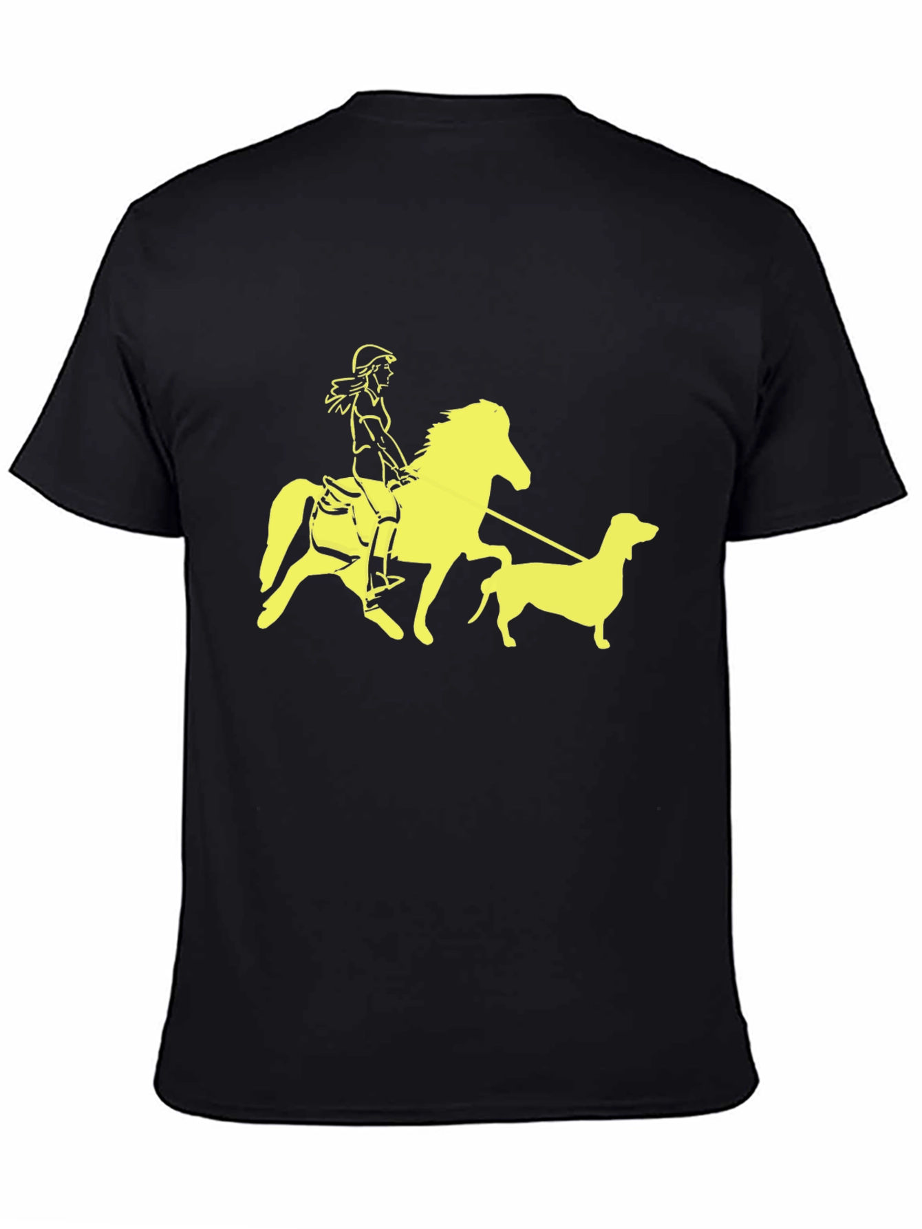 Black T-Shirt with Horse Rider and Dog Graphic