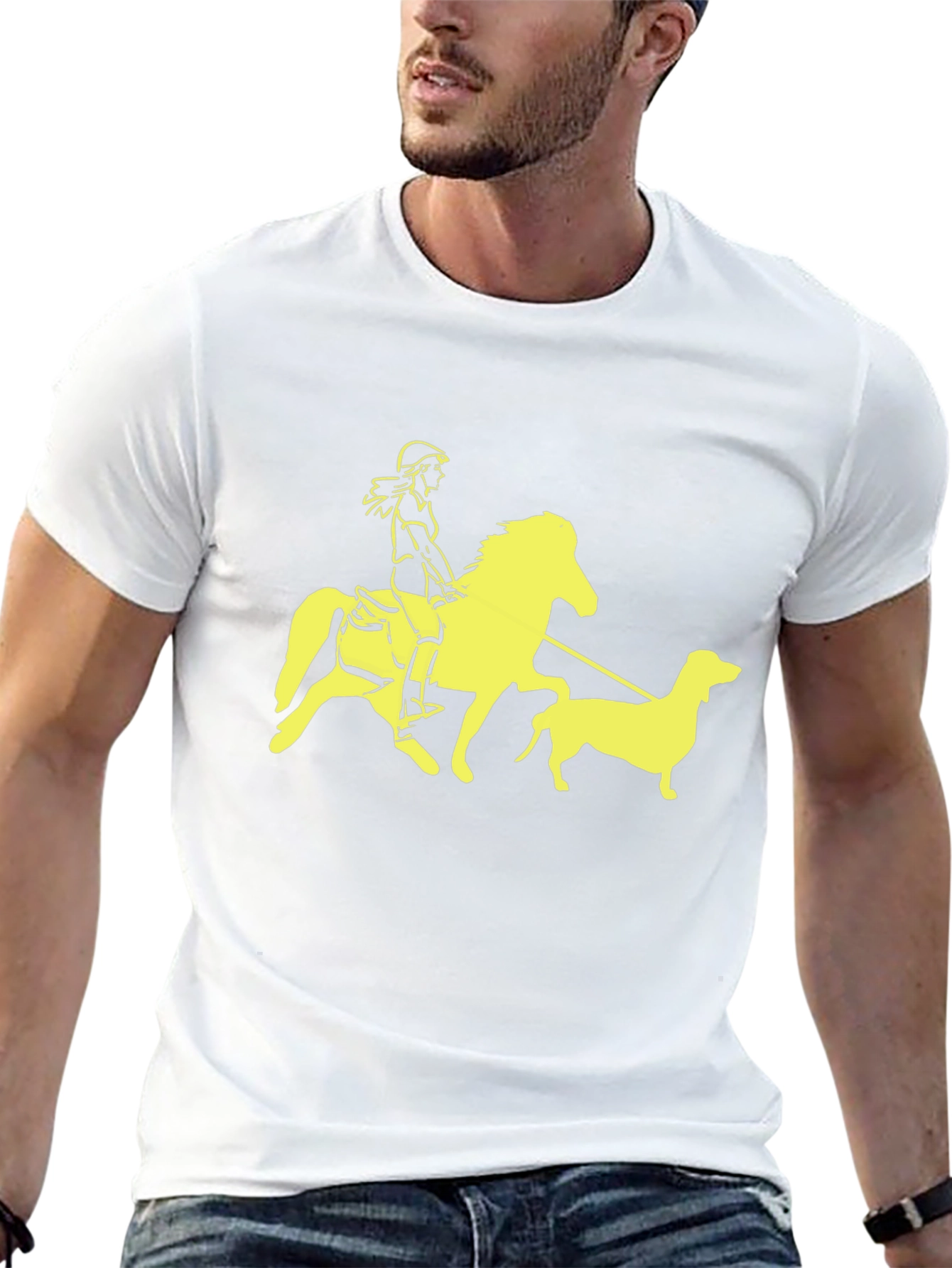 Black T-Shirt with Horse Rider and Dog Graphic