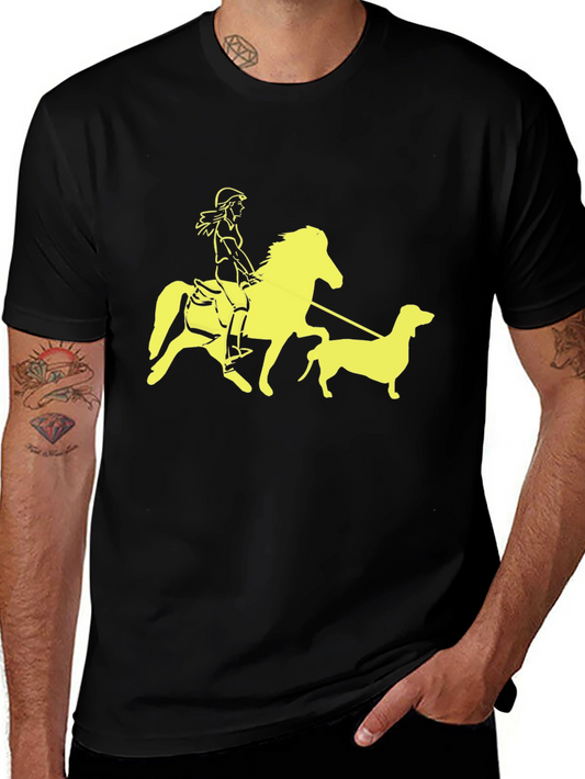 Black T-Shirt with Horse Rider and Dog Graphic