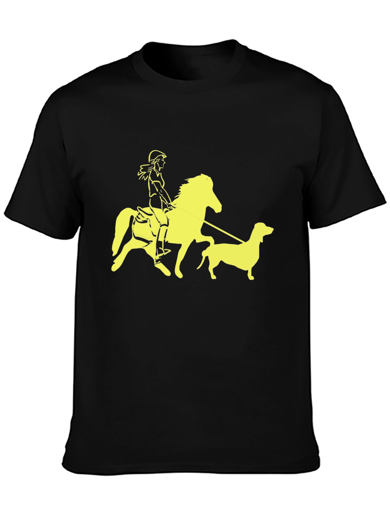 Black T-Shirt with Horse Rider and Dog Graphic