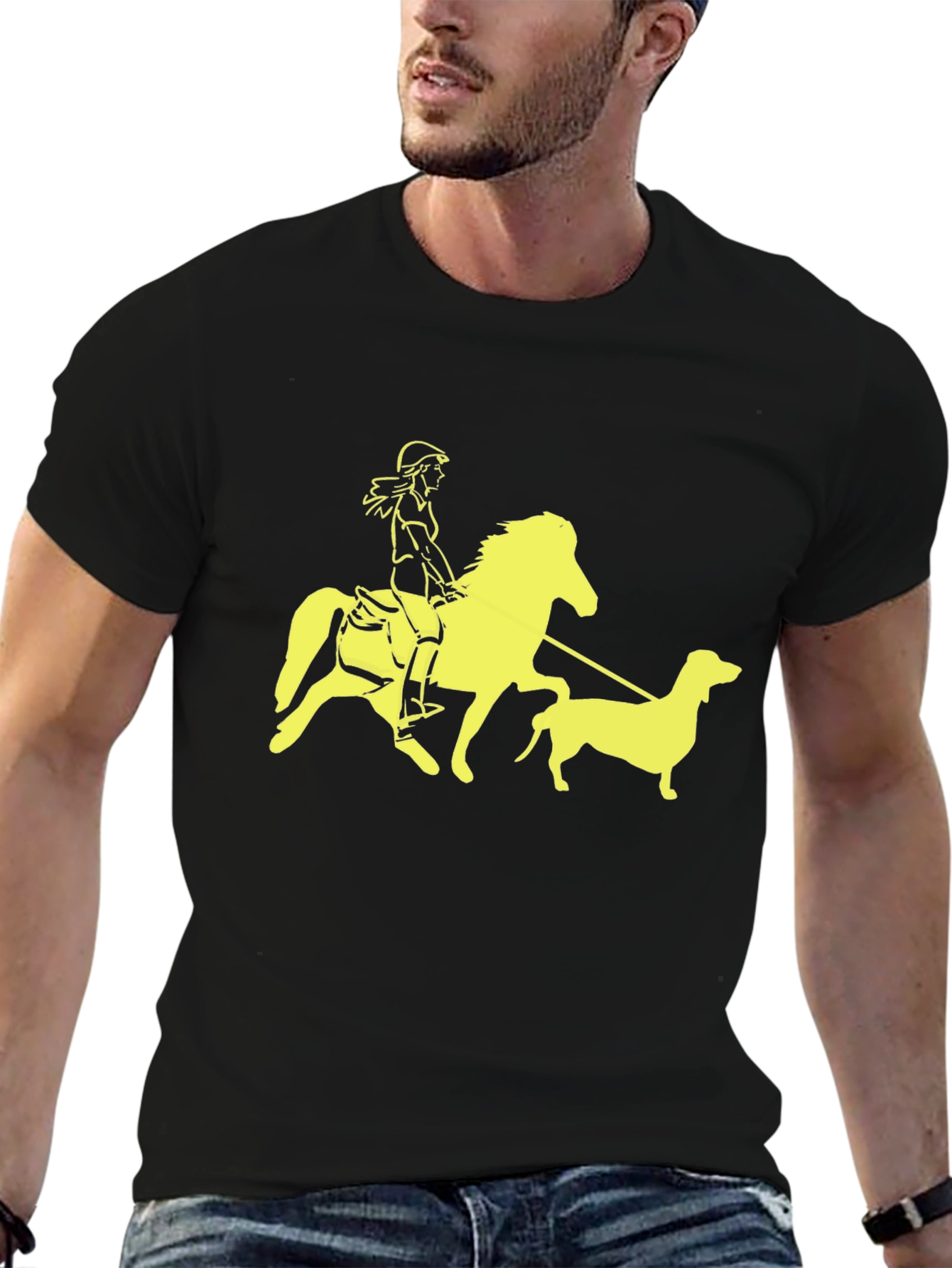 Black T-Shirt with Horse Rider and Dog Graphic