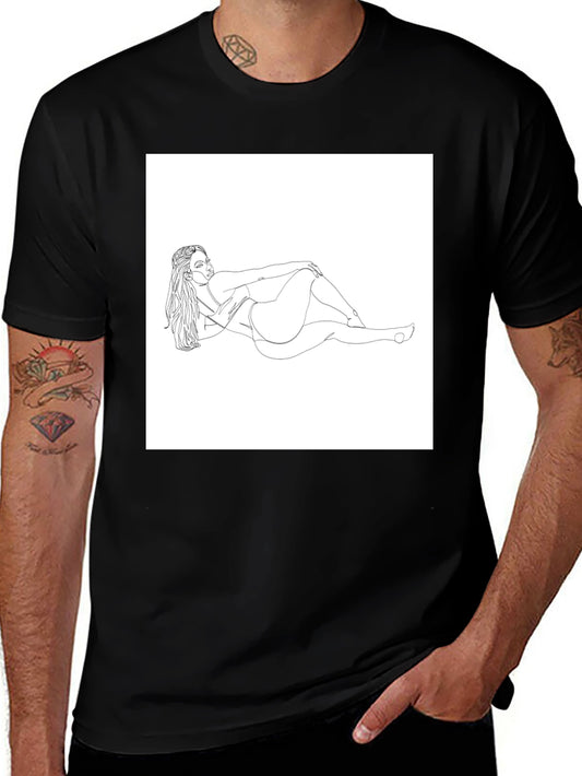 Line Art Woman Graphic Tee - Black Cotton Shirt