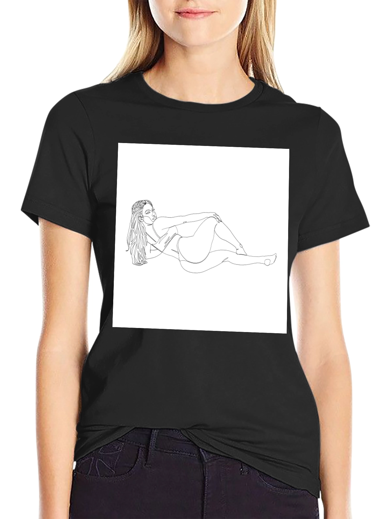 Line Art Woman Graphic Tee - Black Cotton Shirt