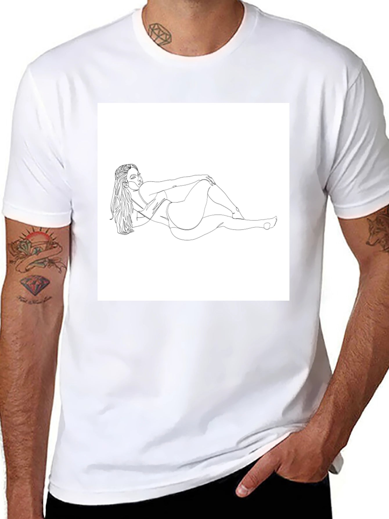 Line Art Woman Graphic Tee - Black Cotton Shirt