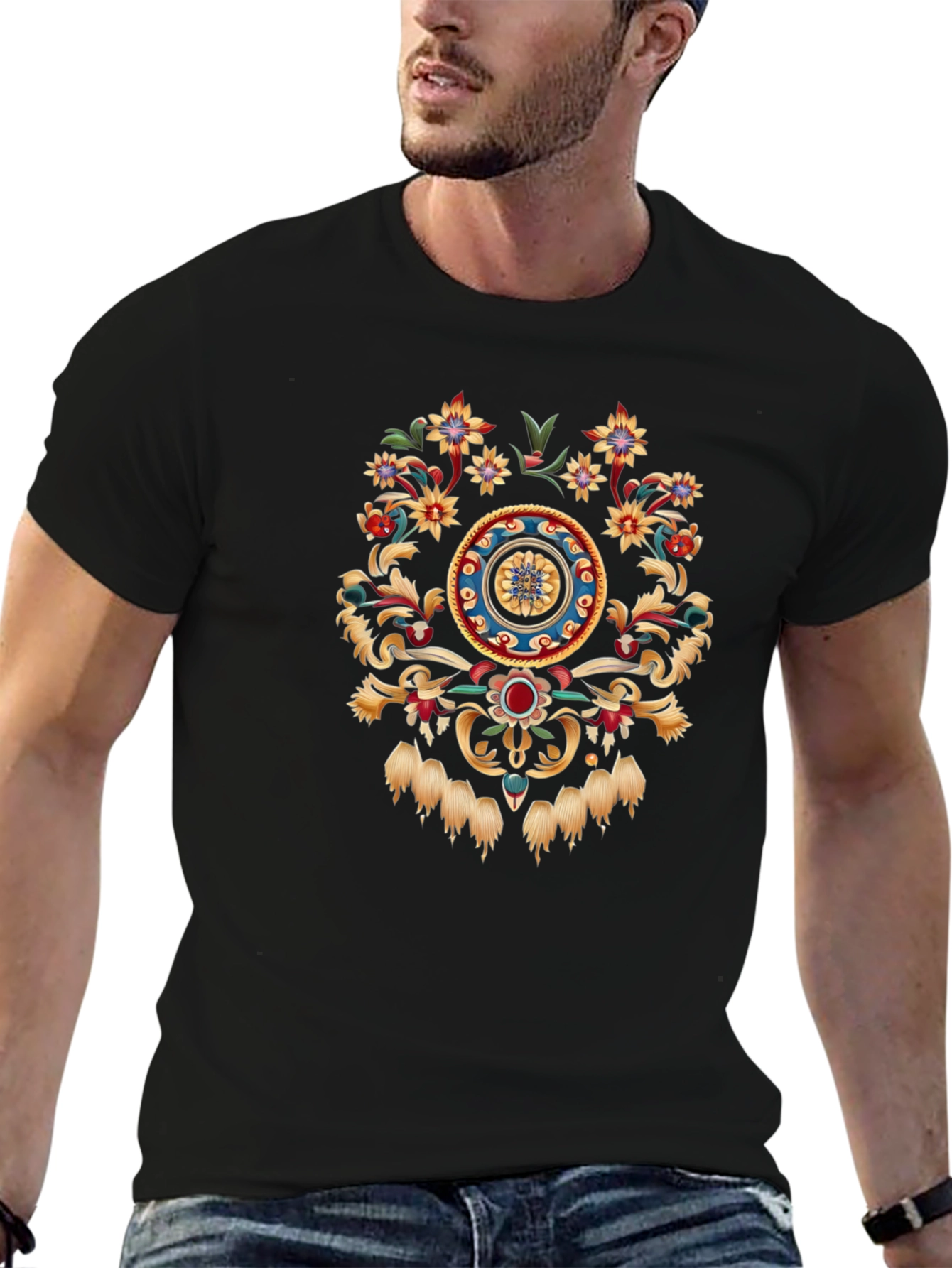 Ornate Floral Medallion Black T-Shirt