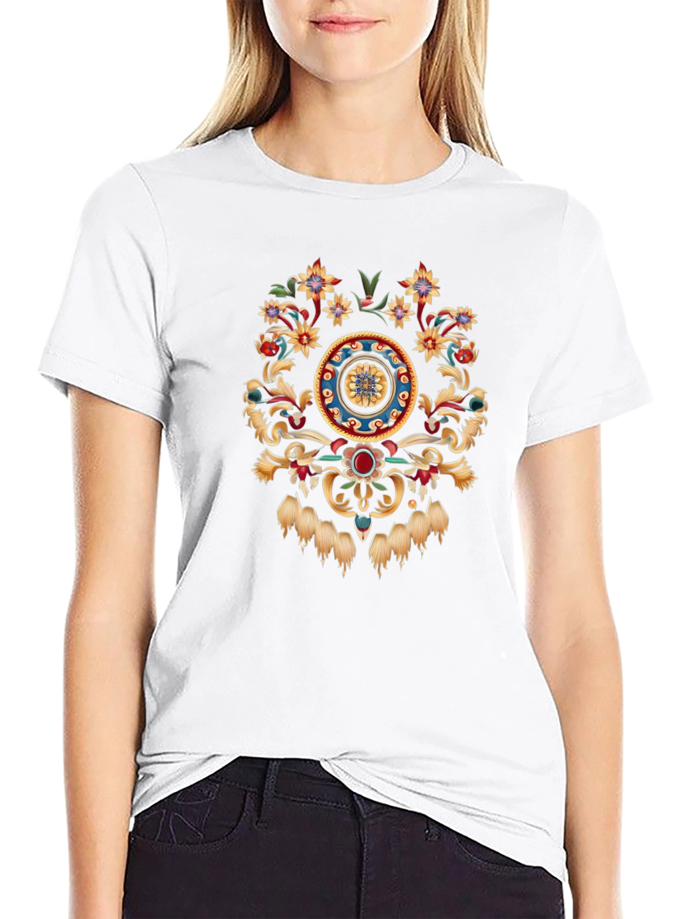 Ornate Floral Medallion Black T-Shirt