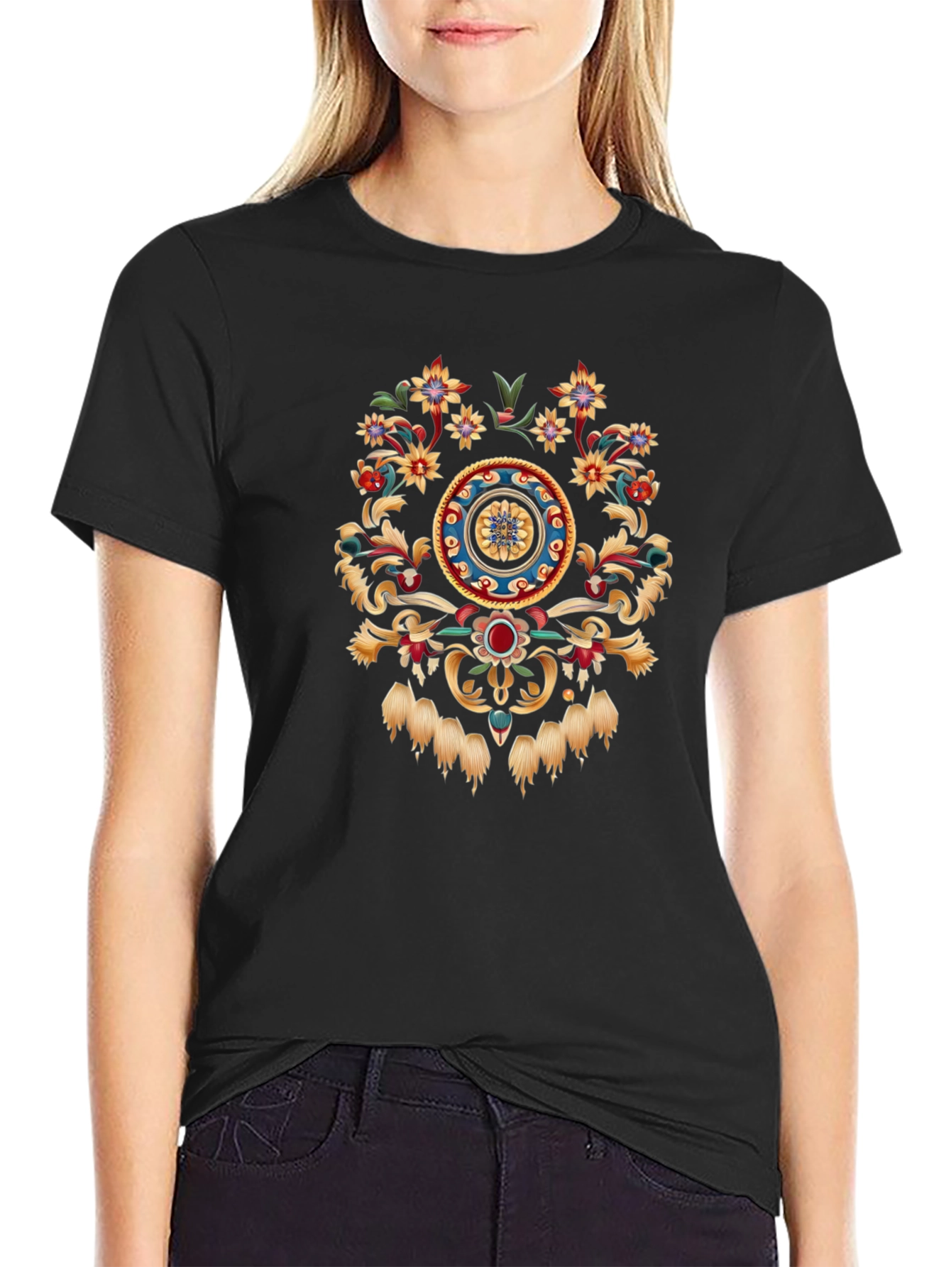 Ornate Floral Medallion Black T-Shirt