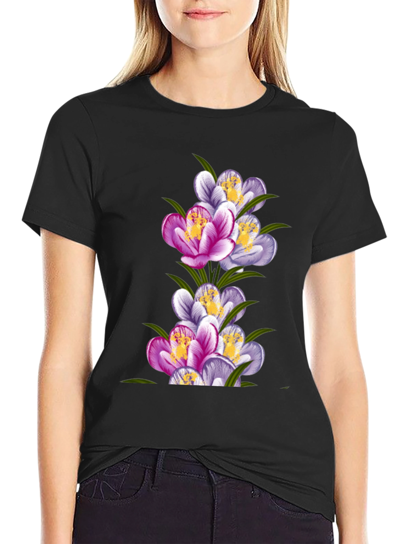 Floral Crocus Graphic Tee - Black Cotton T-Shirt
