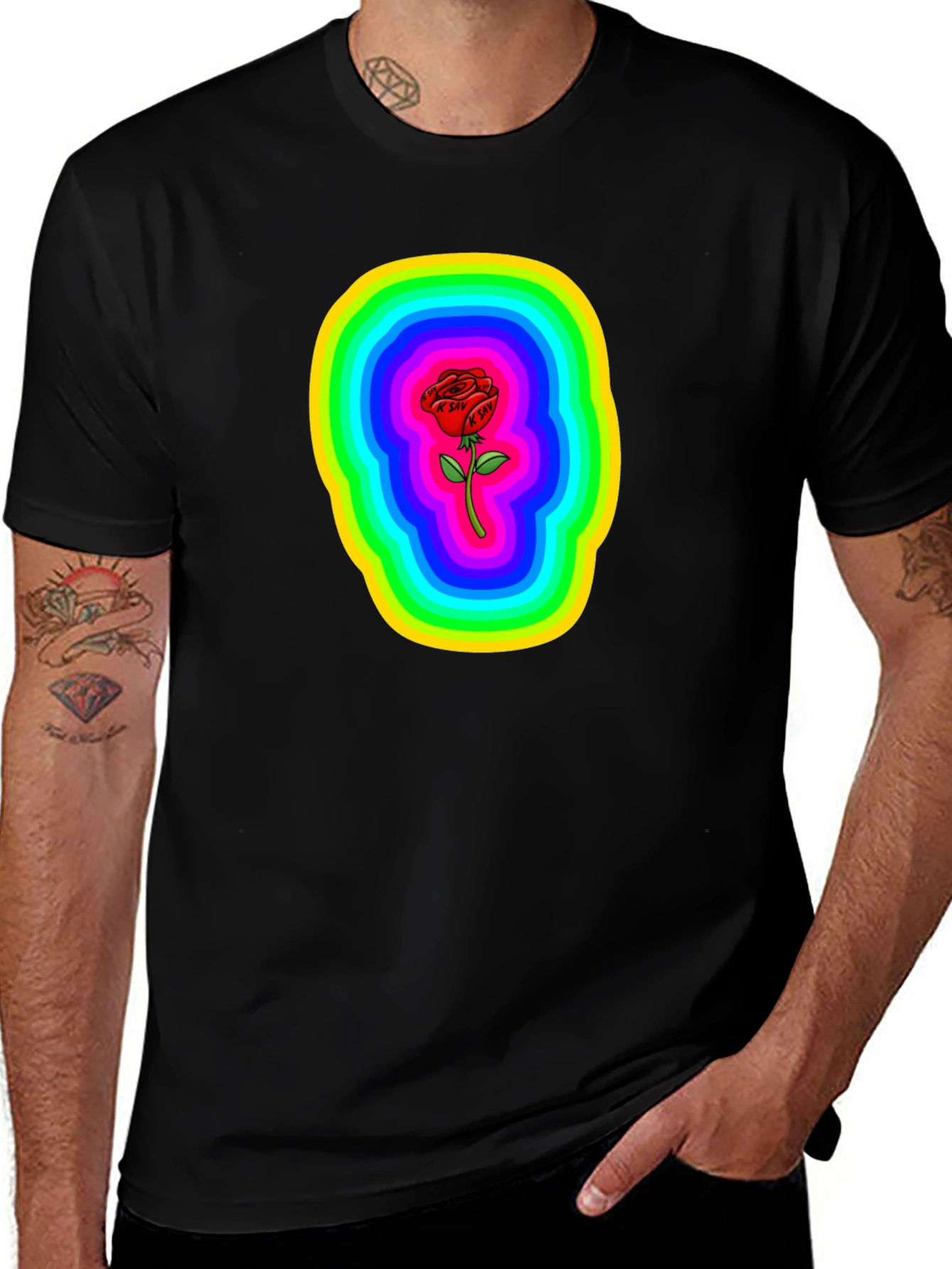 Rainbow Rose Graphic Black T-Shirt