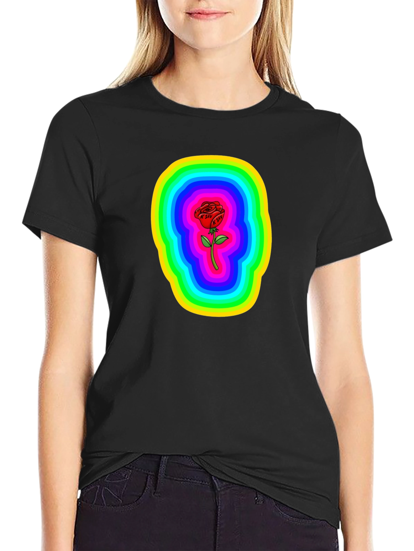 Rainbow Rose Graphic Black T-Shirt