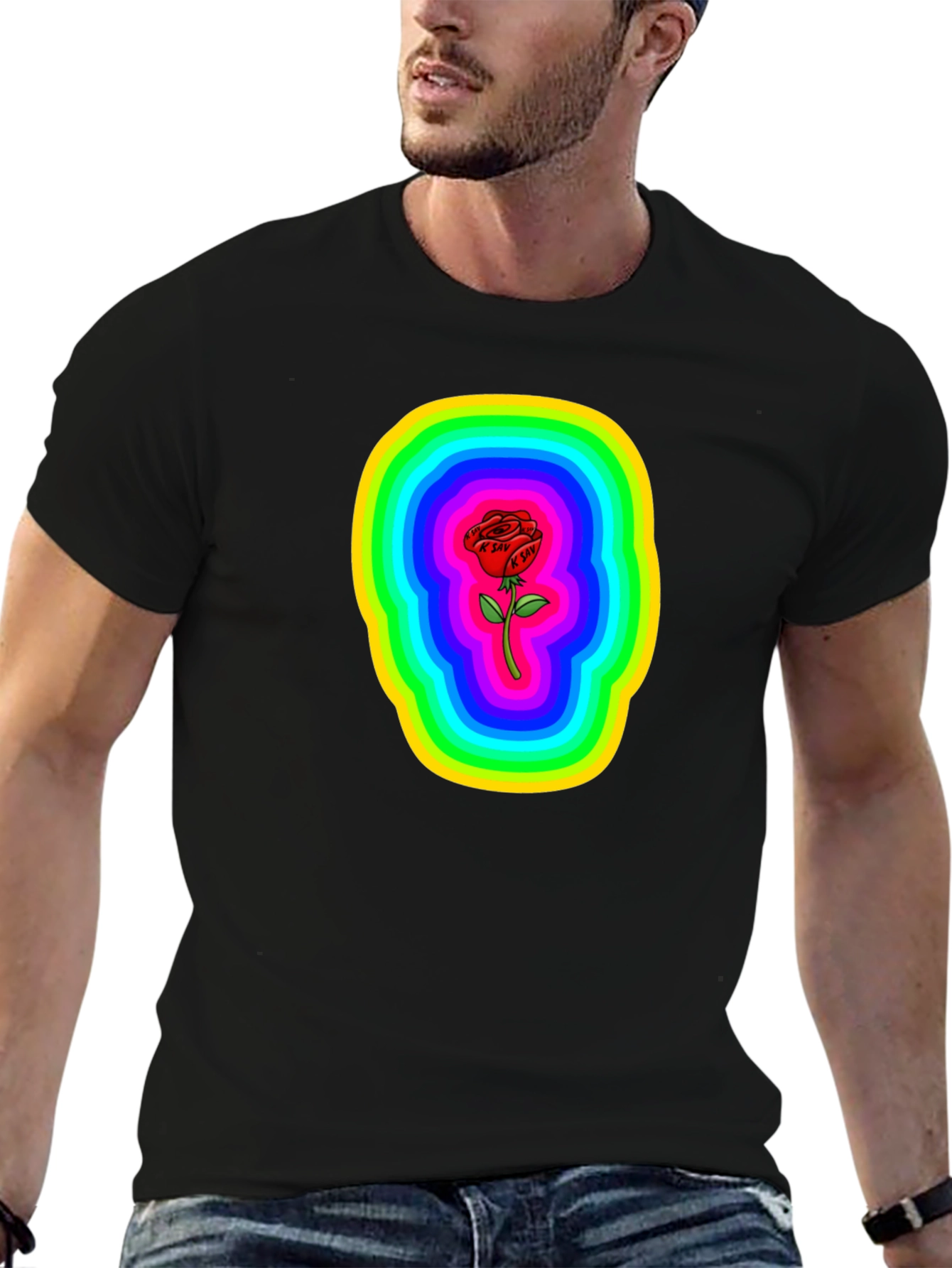 Rainbow Rose Graphic Black T-Shirt