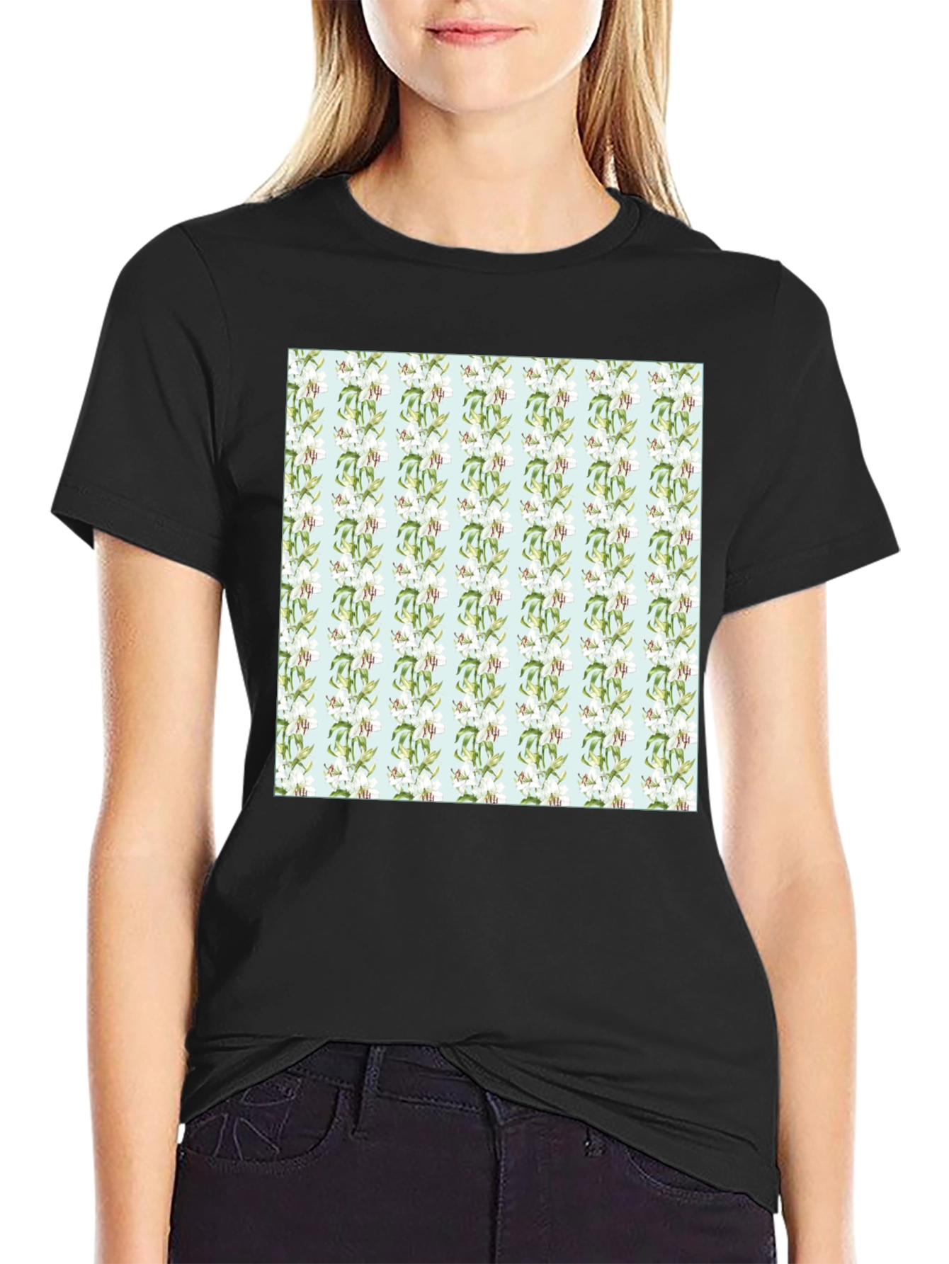 Floral Pattern Mens Black Tee