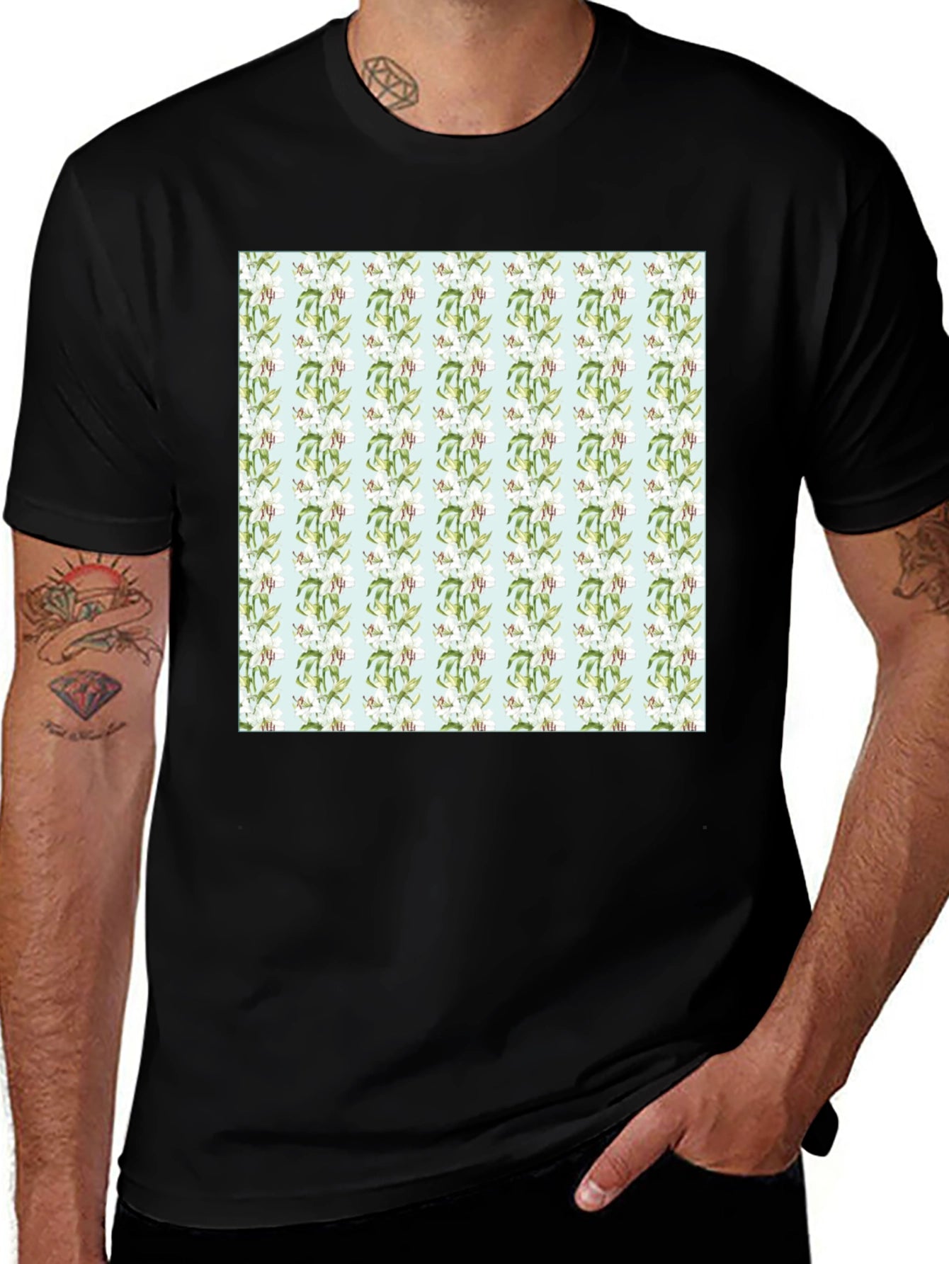Floral Pattern Mens Black Tee