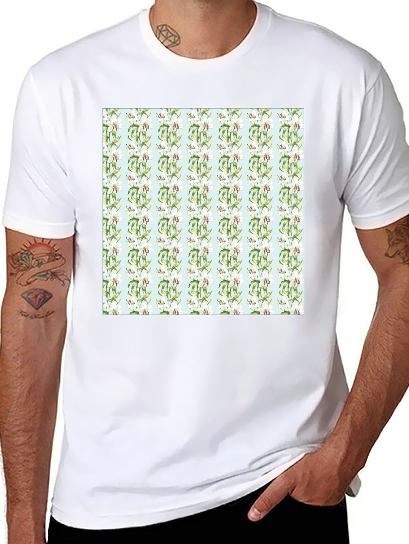 Floral Pattern Mens Black Tee